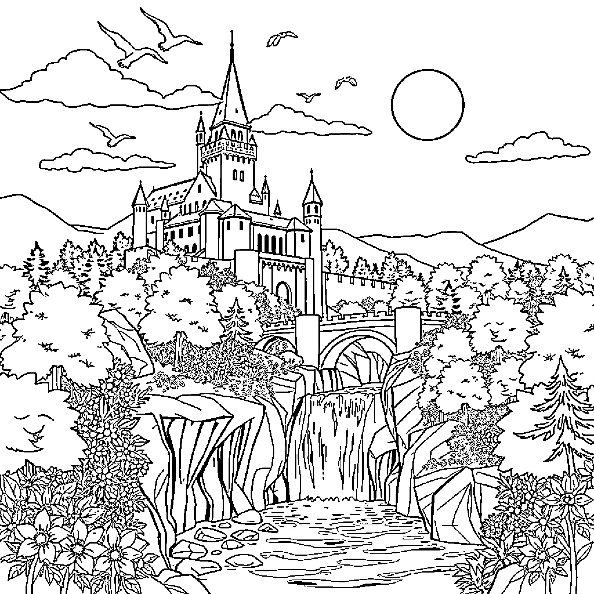 Castillo with flowing waterfall and lush forest scenery Coloring Page (free black-and-white line drawing printable PDF for all, from beginners to advanced learners, including children, teens, adults, and seniors)