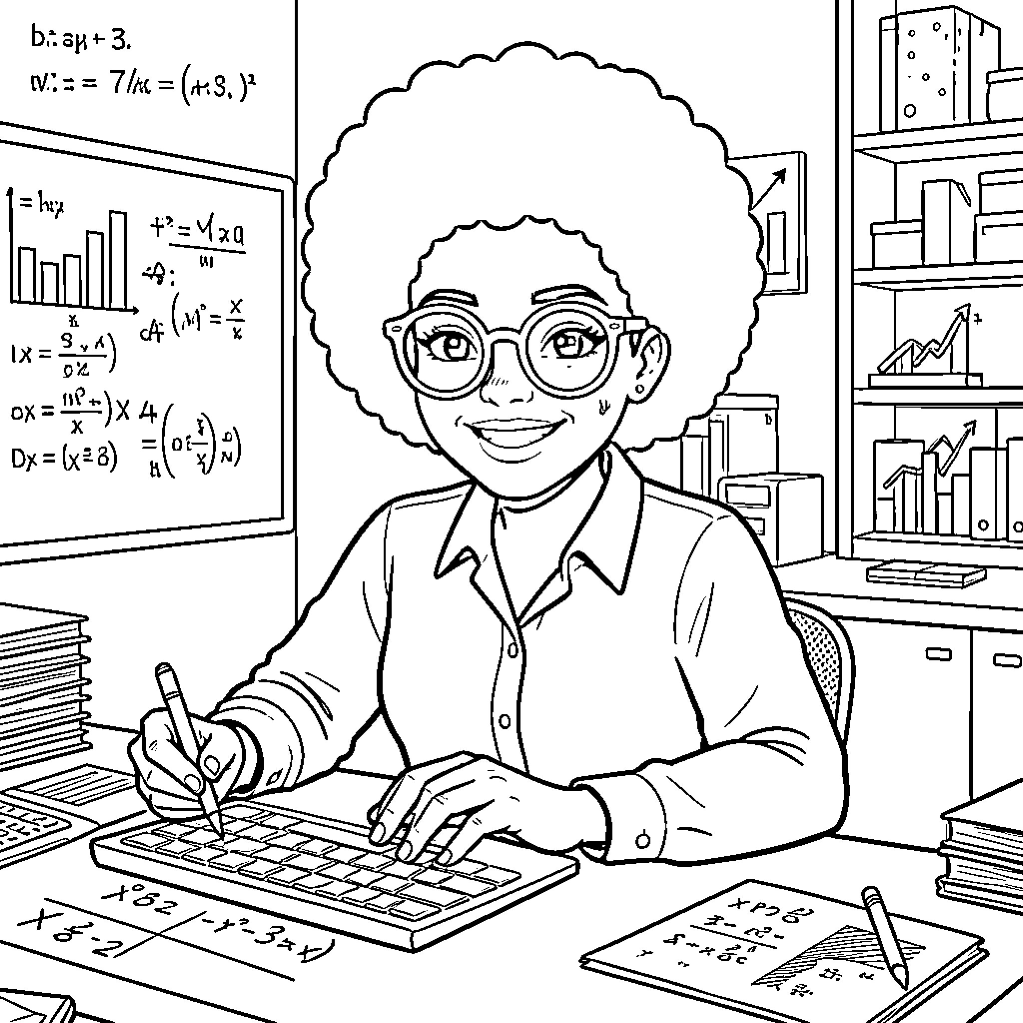 Woman studying mathematics and solving equations at a desk Coloring Page (free black-and-white line drawing printable PDF for all, from beginners to advanced learners, including children, teens, adults, and seniors)