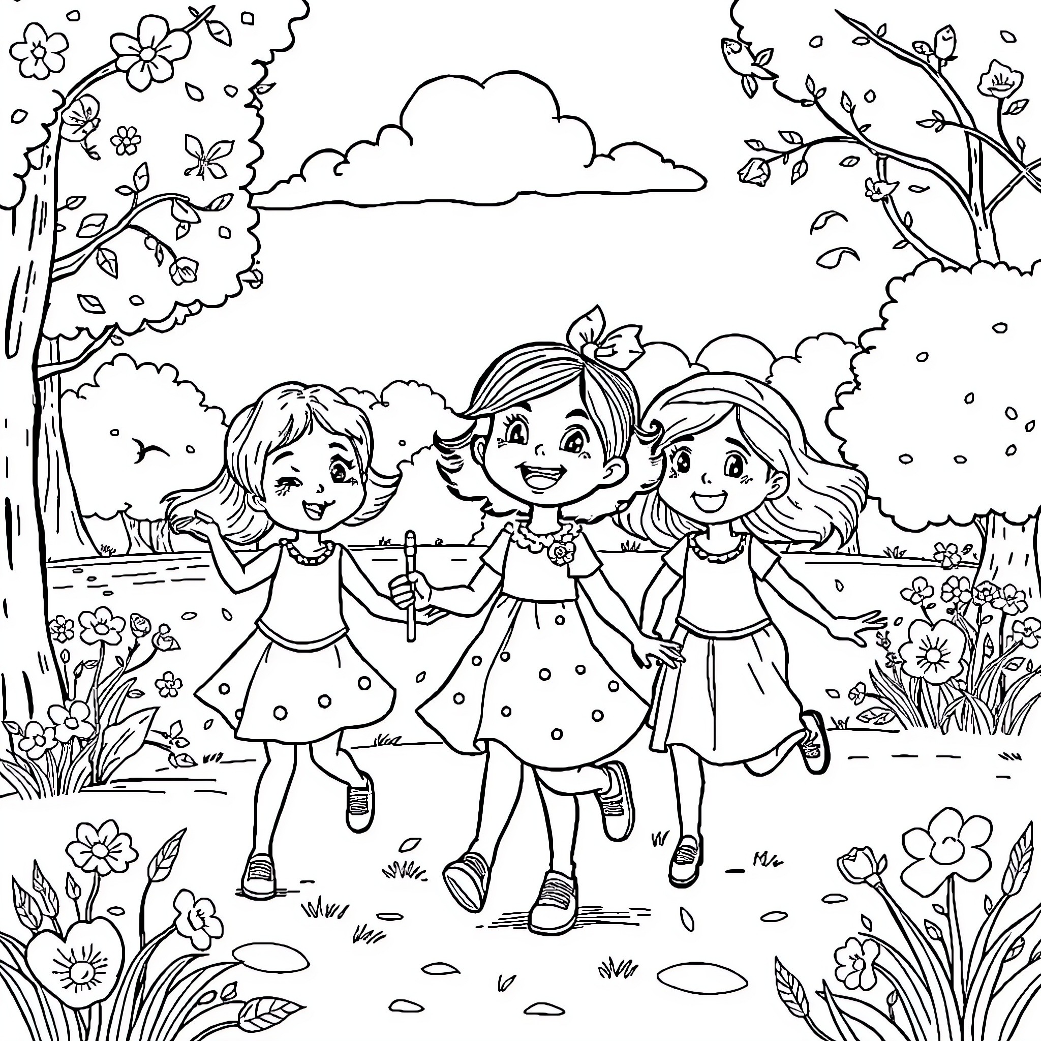 Filles joyeuses jouant dans le parc fleuri Coloring Page (free black-and-white line drawing printable PDF for all, from beginners to advanced learners, including children, teens, adults, and seniors)