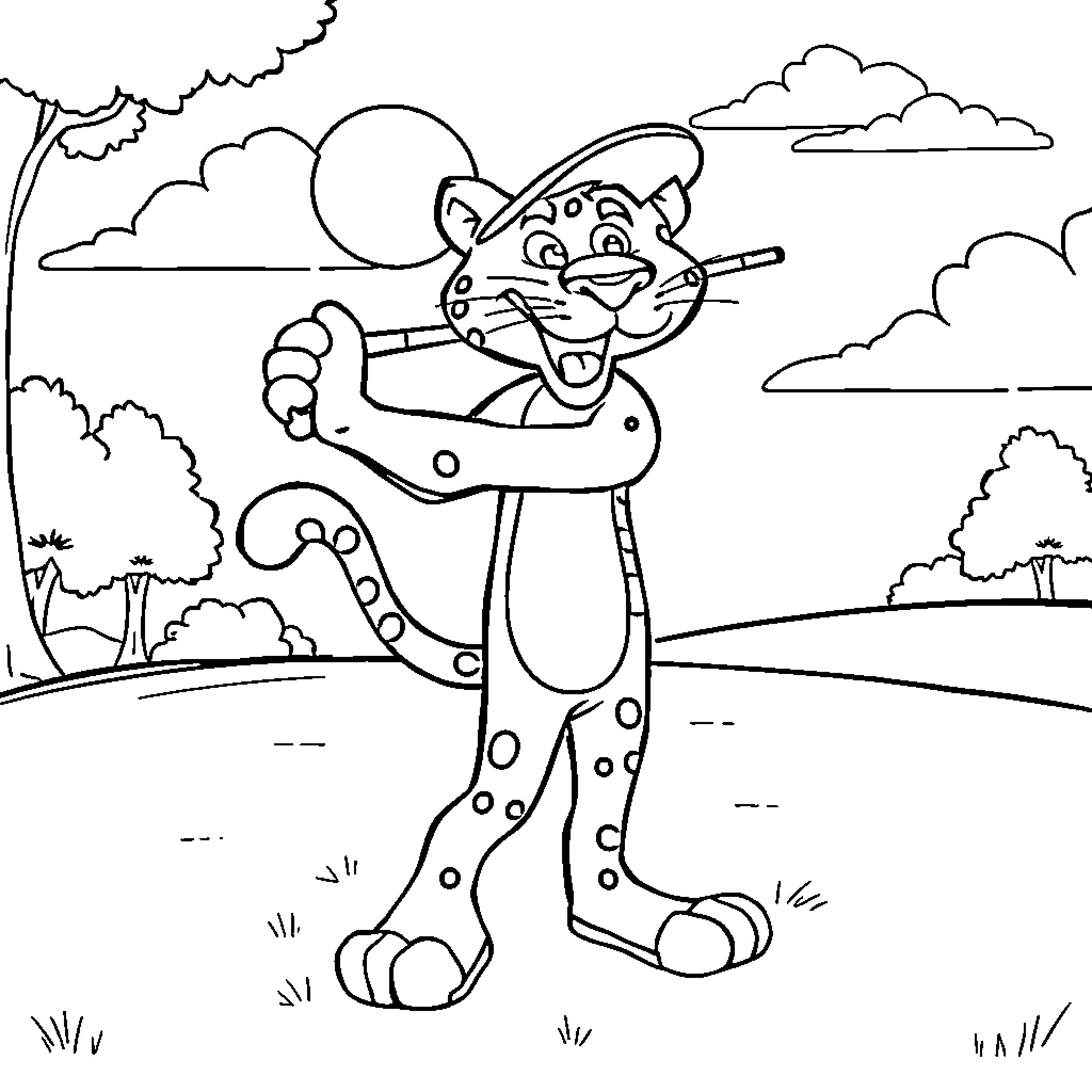 Panther exploring the outdoors with excitement Coloring Page (free black-and-white line drawing printable PDF for all, from beginners to advanced learners, including children, teens, adults, and seniors)