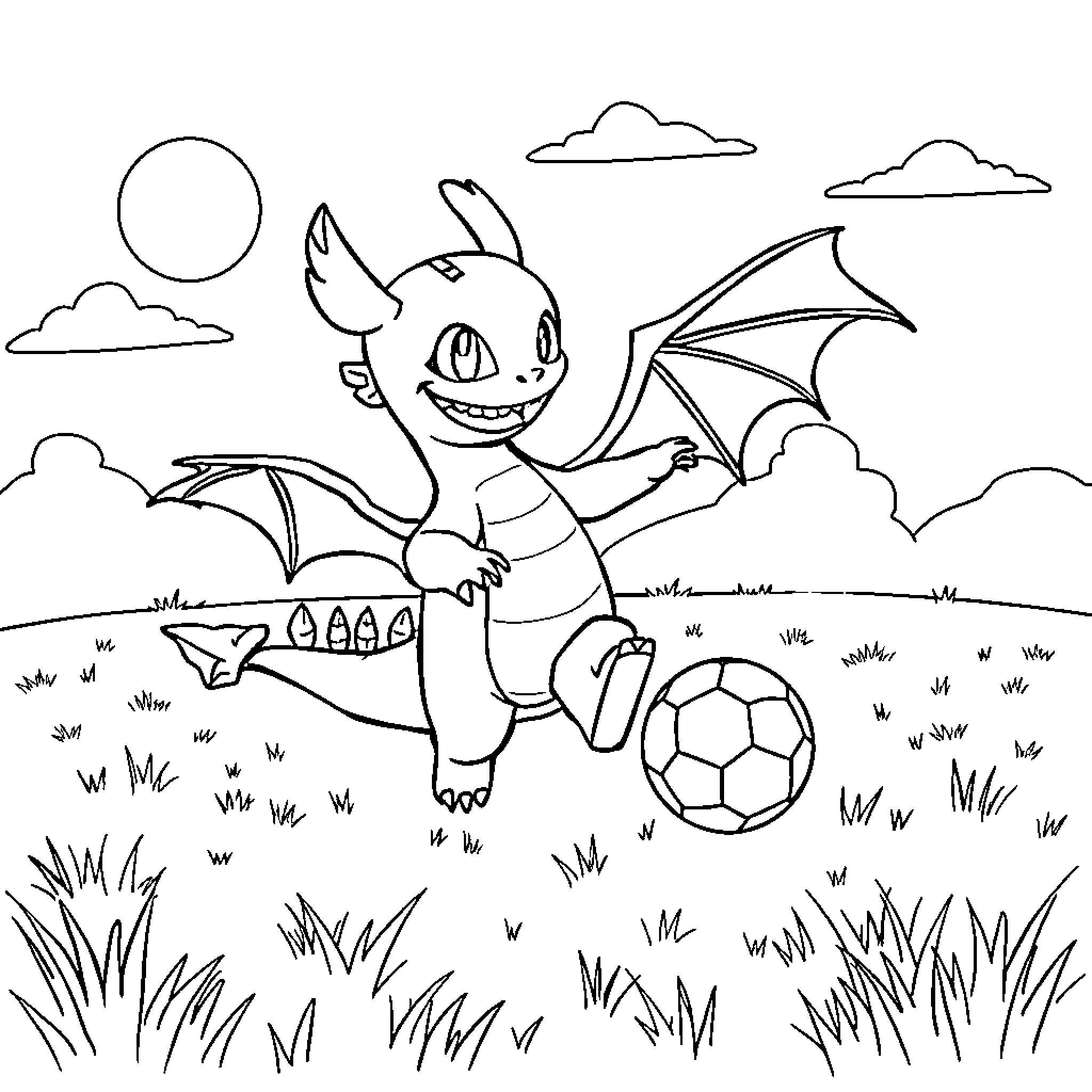 Toothless playing soccer in a field Coloring Page (free black-and-white line drawing printable PDF for all, from beginners to advanced learners, including children, teens, adults, and seniors)
