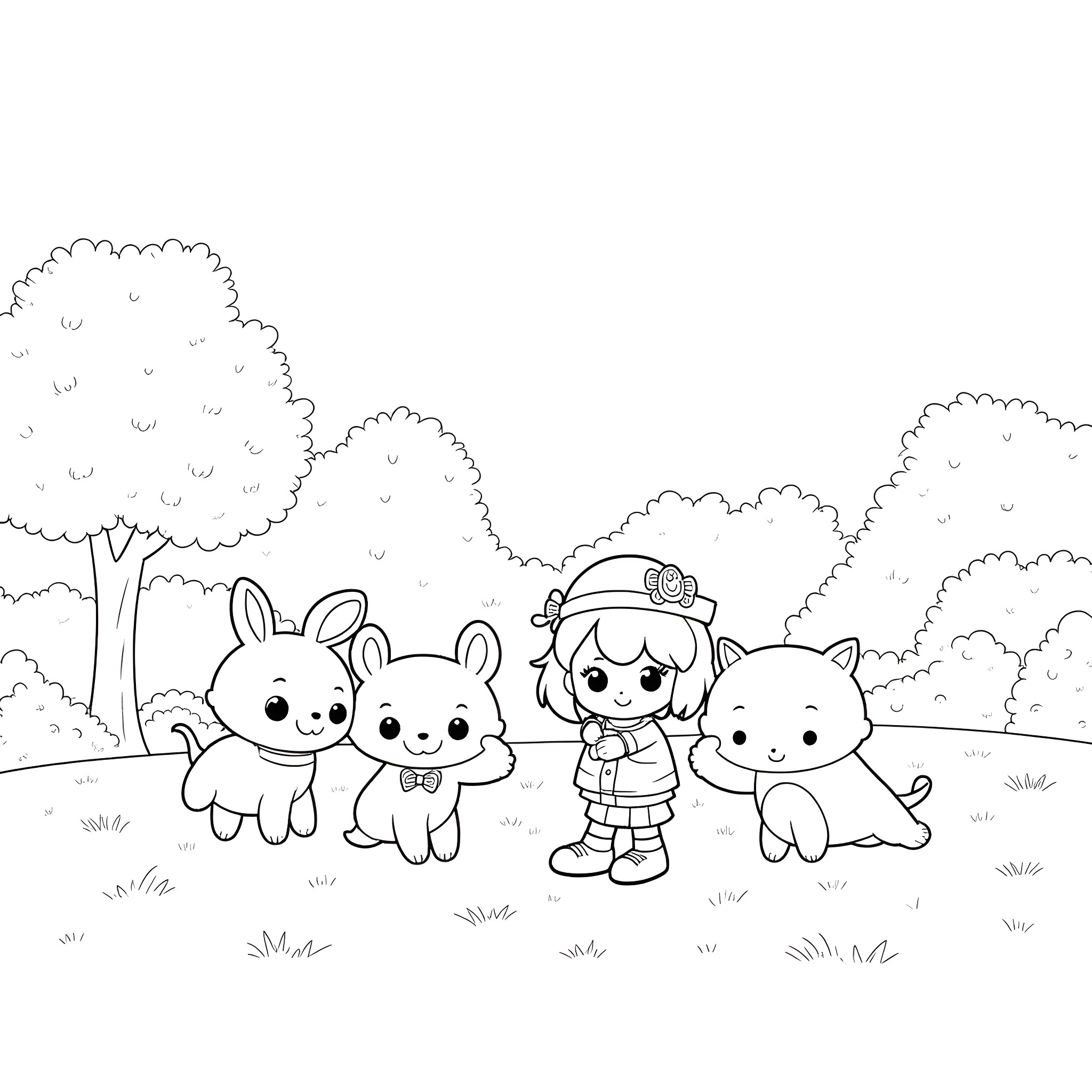 Bluey and friends explore the outdoors together Coloring Page (free black-and-white line drawing printable PDF for all, from beginners to advanced learners, including children, teens, adults, and seniors)