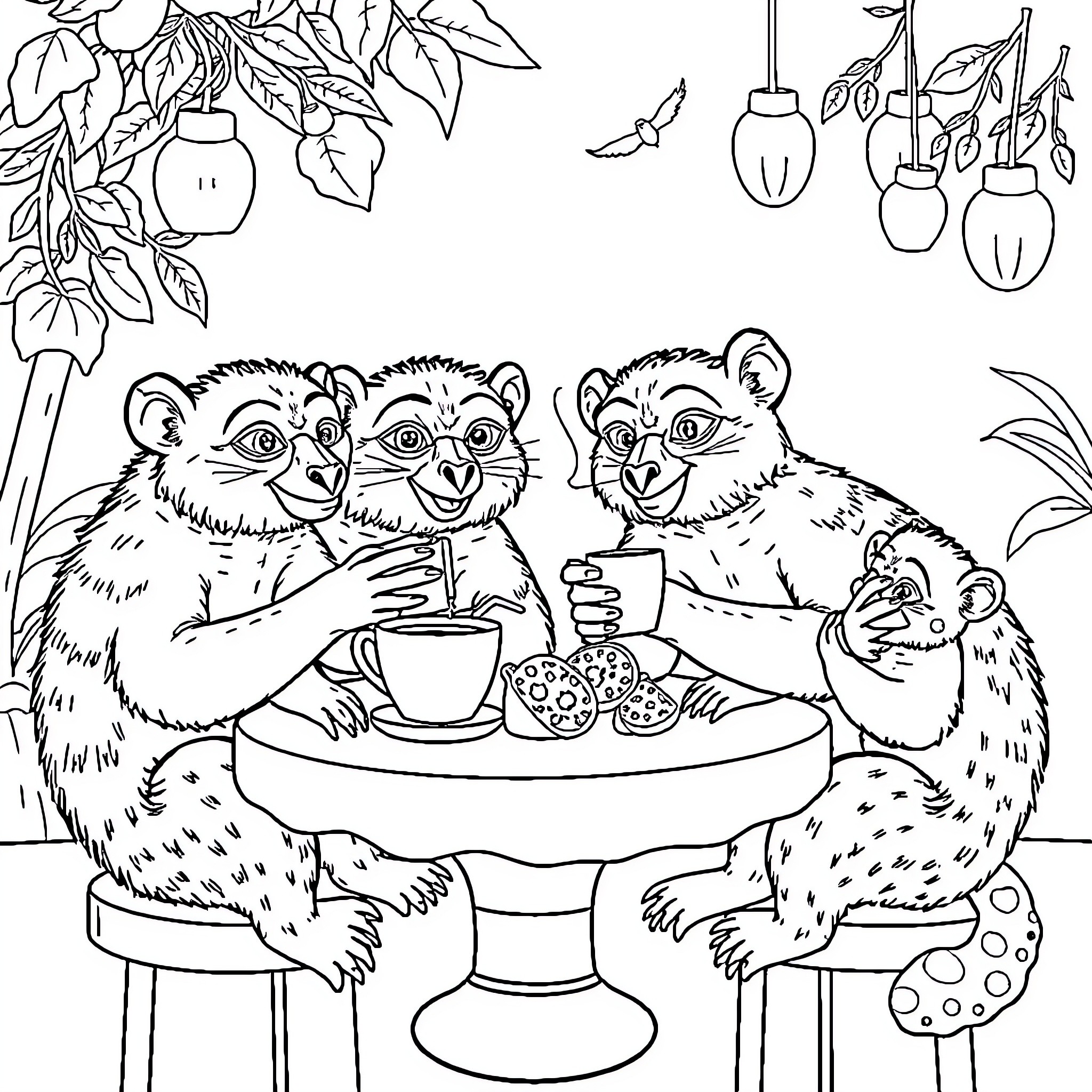 Urso Bears Enjoying a Cozy Cafe Gathering Coloring Page (free black-and-white line drawing printable PDF for all, from beginners to advanced learners, including children, teens, adults, and seniors)