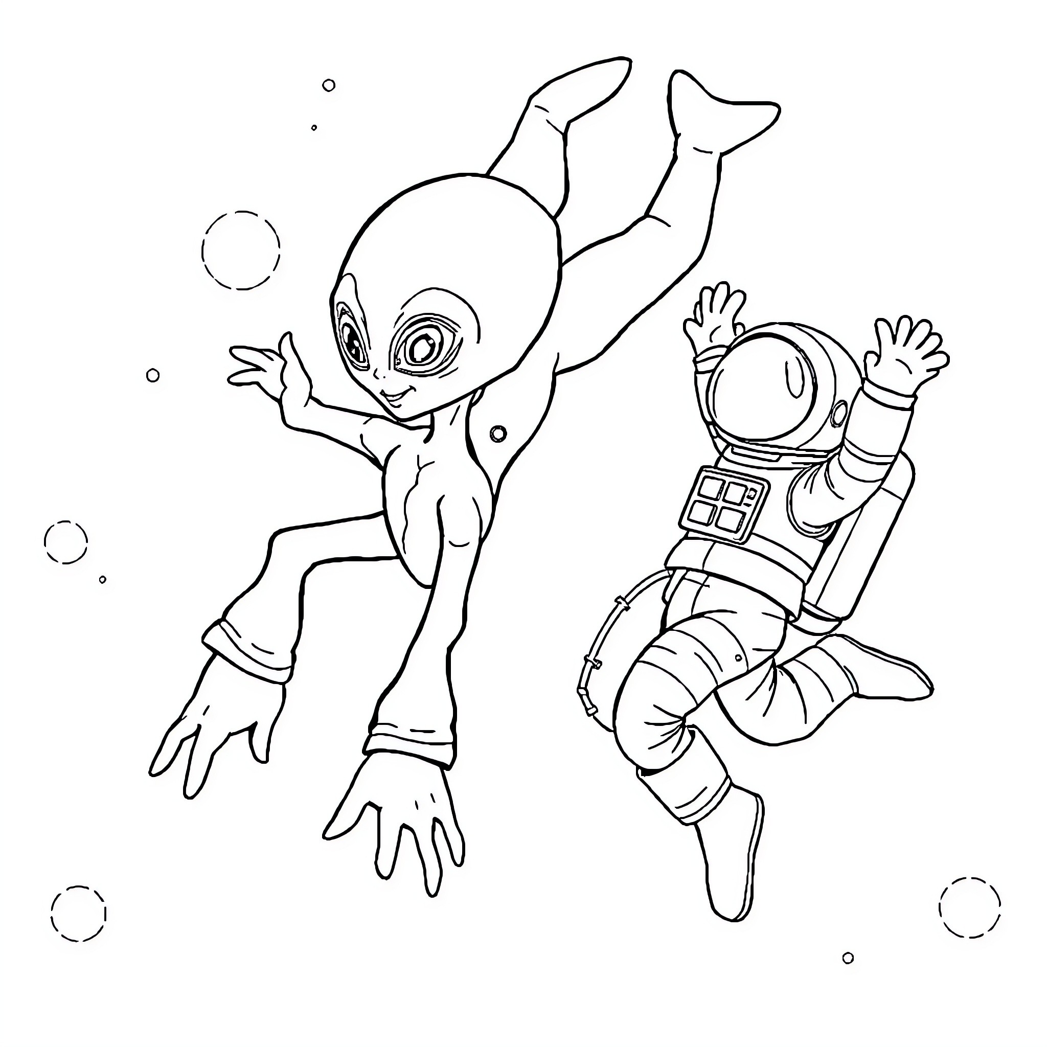 Alien astronauts exploring the cosmos Coloring Page (free black-and-white line drawing printable PDF for all, from beginners to advanced learners, including children, teens, adults, and seniors)