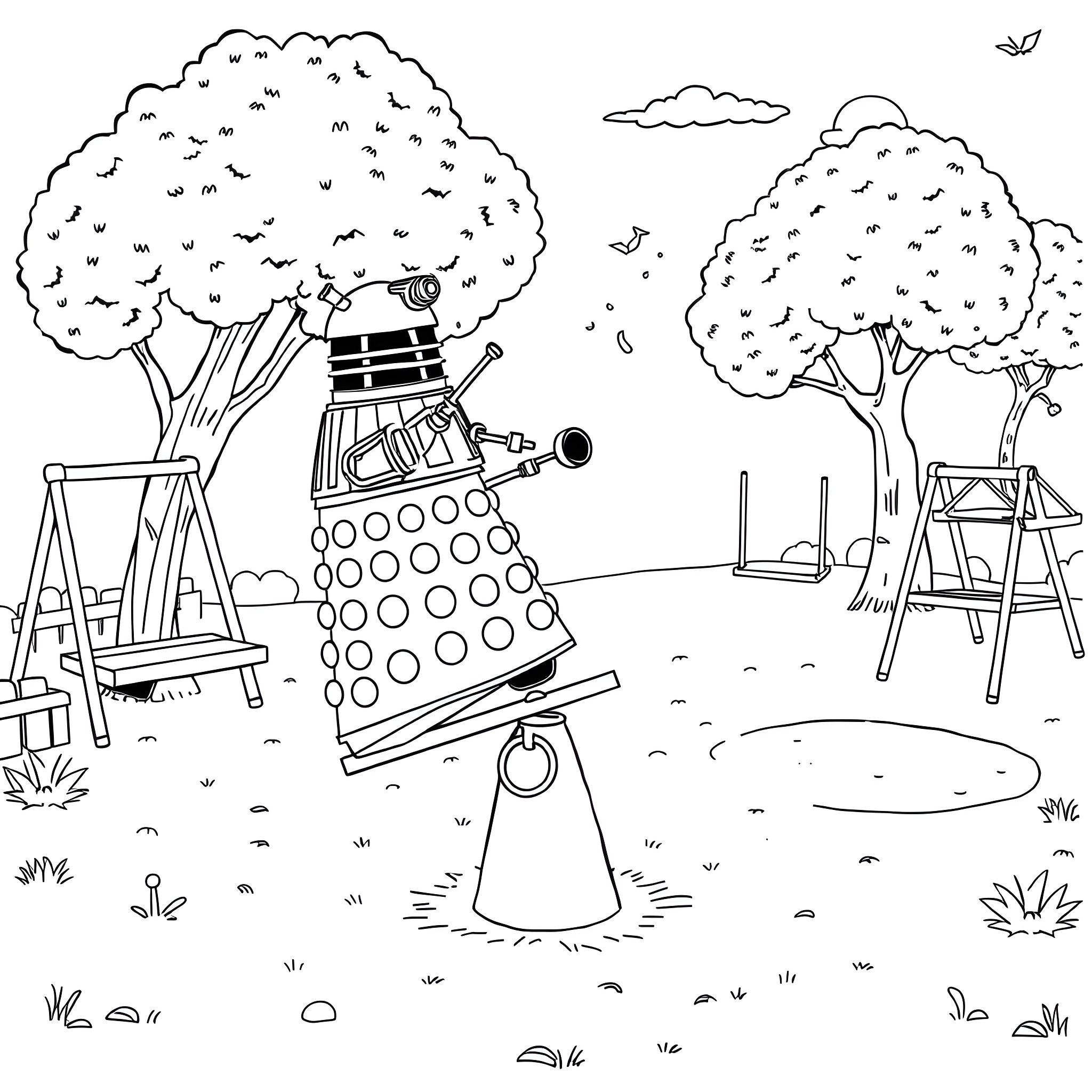 Dalek exterminating in a peaceful park Coloring Page (free black-and-white line drawing printable PDF for all, from beginners to advanced learners, including children, teens, adults, and seniors)