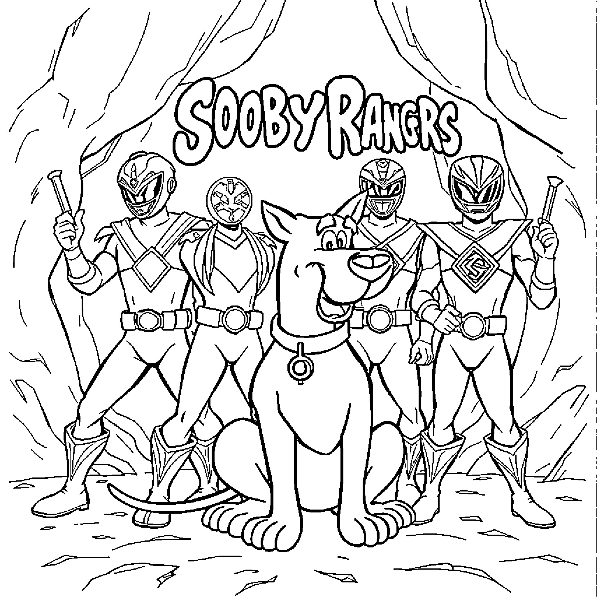 Scooby Rangers Team Posing for Adventure Coloring Page (free black-and-white line drawing printable PDF for all, from beginners to advanced learners, including children, teens, adults, and seniors)