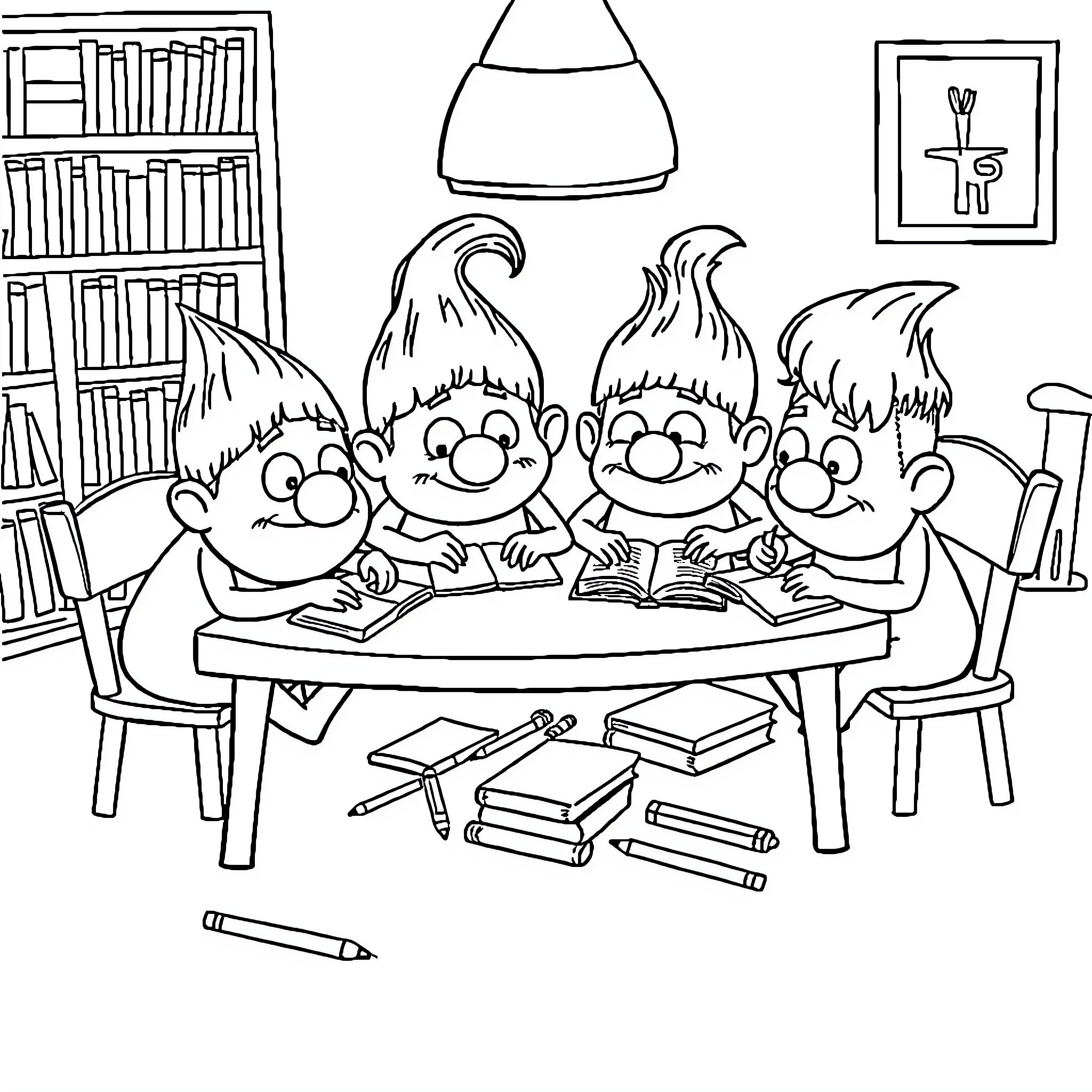 Oddbods studying together in a cozy library Coloring Page (free black-and-white line drawing printable PDF for all, from beginners to advanced learners, including children, teens, adults, and seniors)