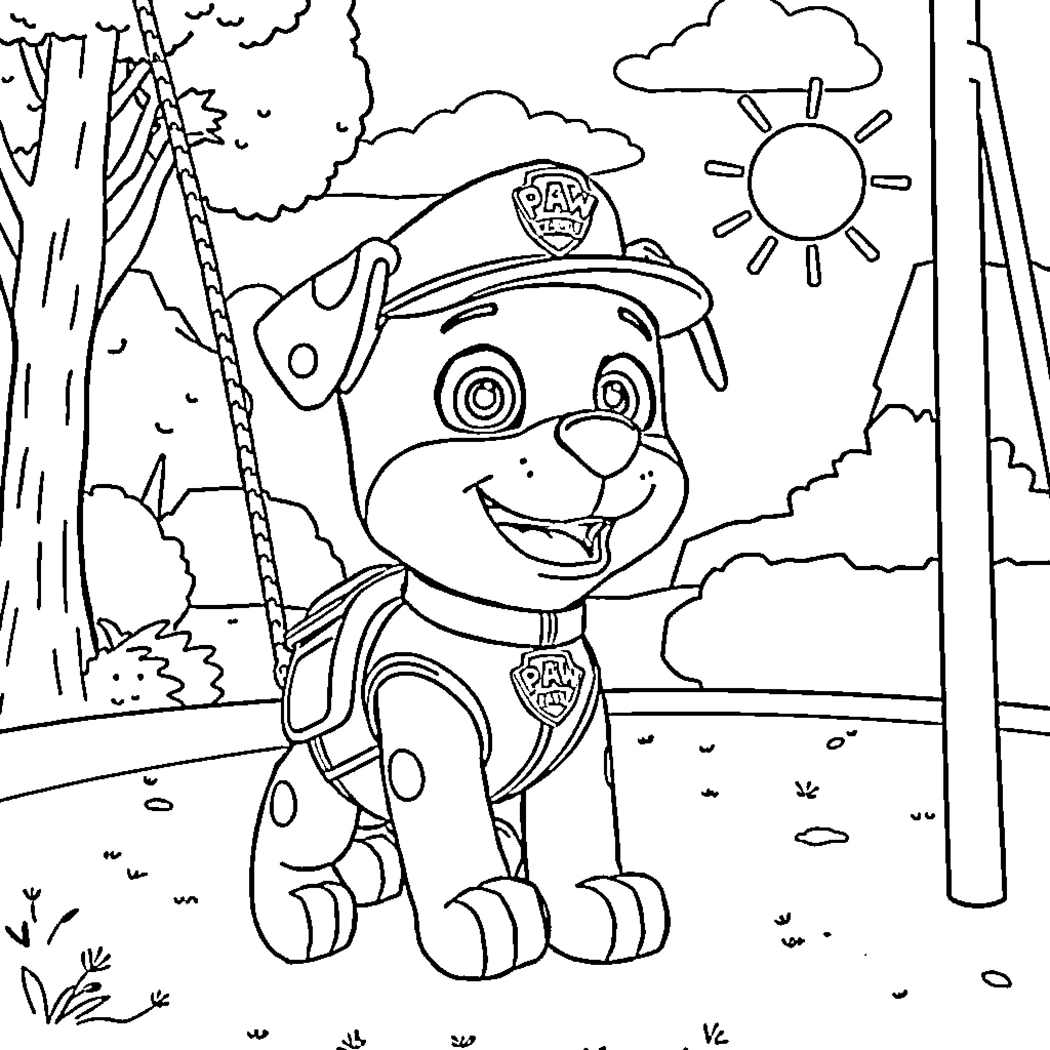 Marshall in the Outdoor Adventure Coloring Page (free black-and-white line drawing printable PDF for all, from beginners to advanced learners, including children, teens, adults, and seniors)
