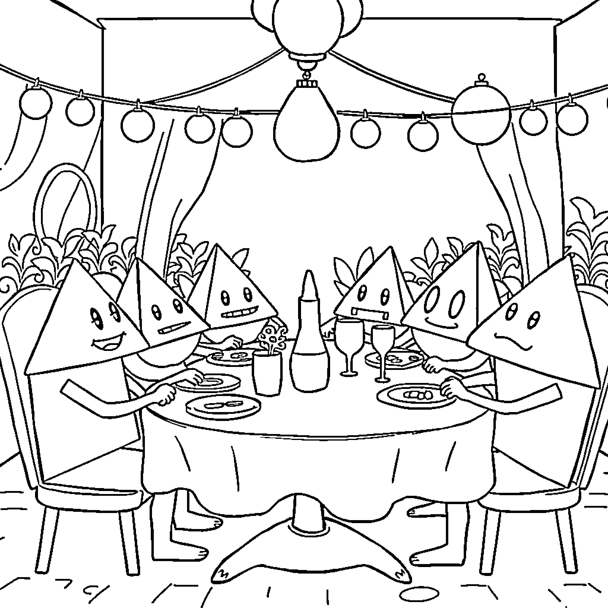 Shape Dining and Celebrating Together Coloring Page (free black-and-white line drawing printable PDF for all, from beginners to advanced learners, including children, teens, adults, and seniors)