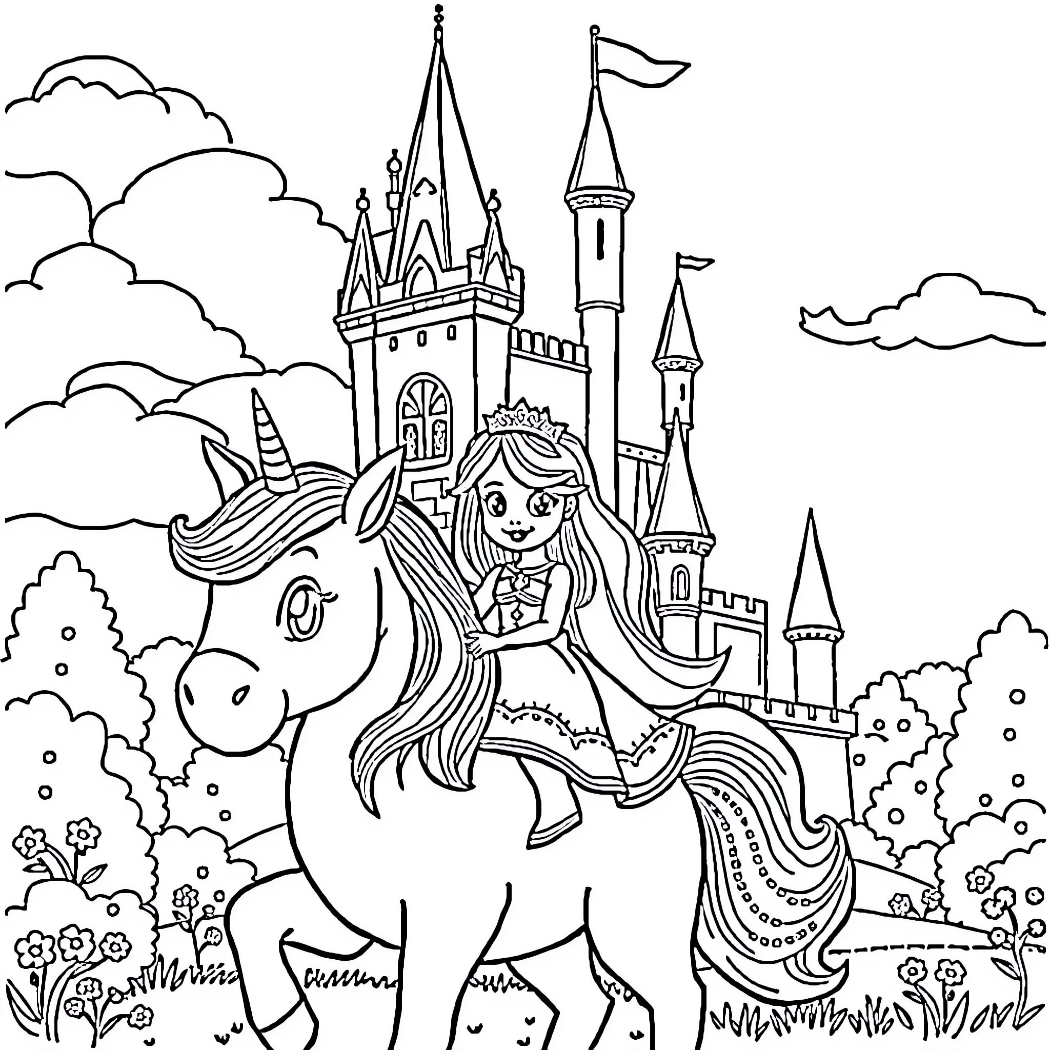 Princess Riding a Magical Unicorn in a Fairytale Castle Coloring Page (free black-and-white line drawing printable PDF for all, from beginners to advanced learners, including children, teens, adults, and seniors)