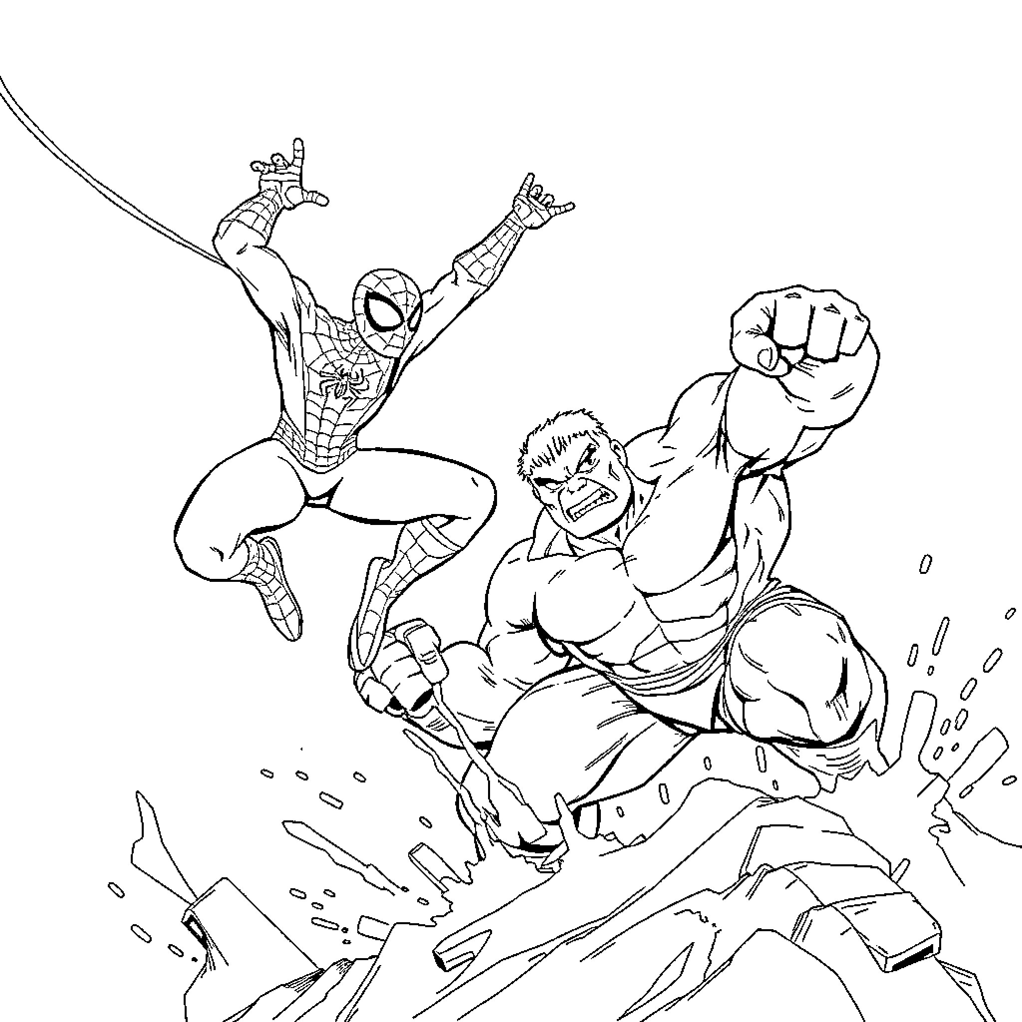 Spiderman battling a muscular villain in action-packed scene Coloring Page (free black-and-white line drawing printable PDF for all, from beginners to advanced learners, including children, teens, adults, and seniors)