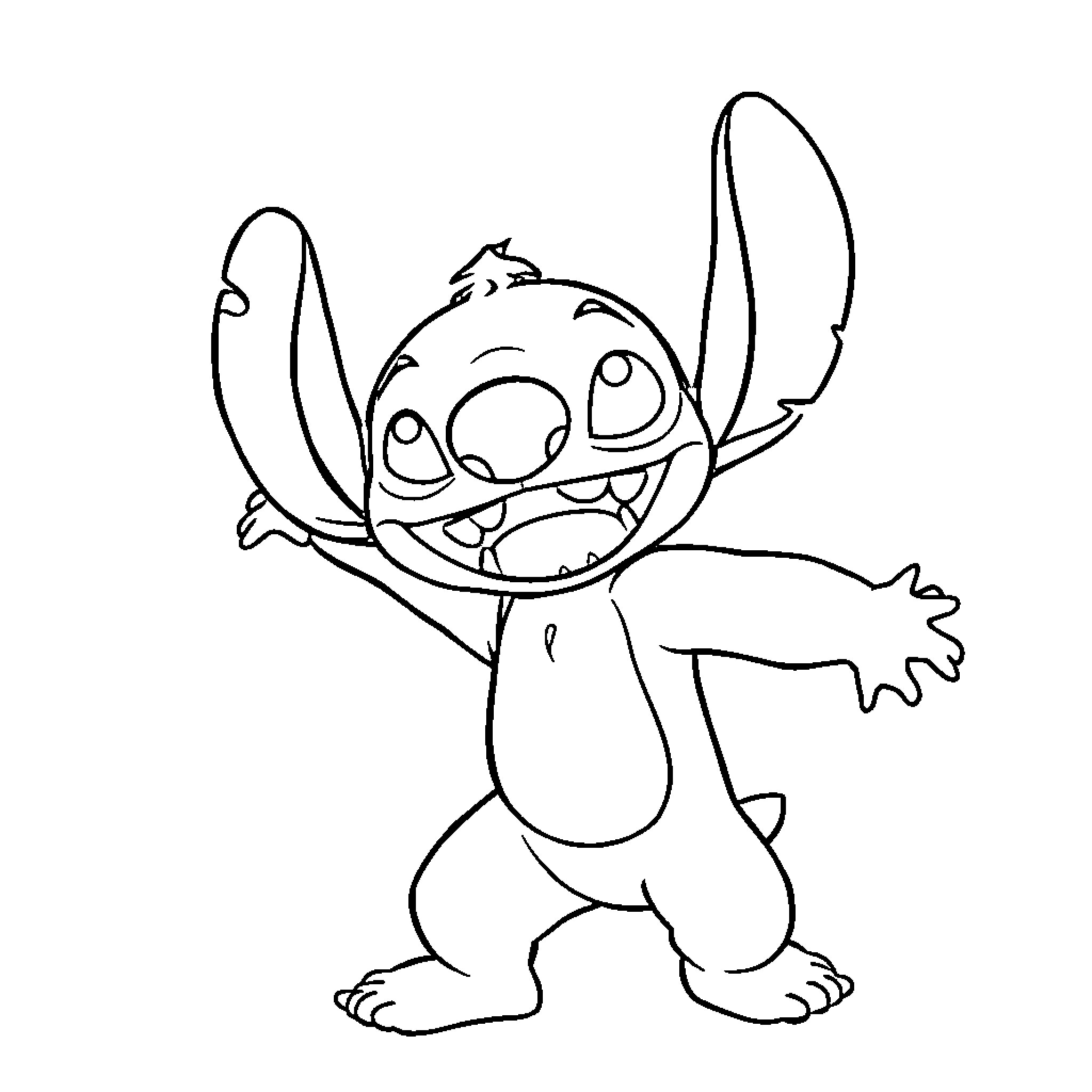 Stitch posing with outstretched arms Coloring Page (free black-and-white line drawing printable PDF for all, from beginners to advanced learners, including children, teens, adults, and seniors)