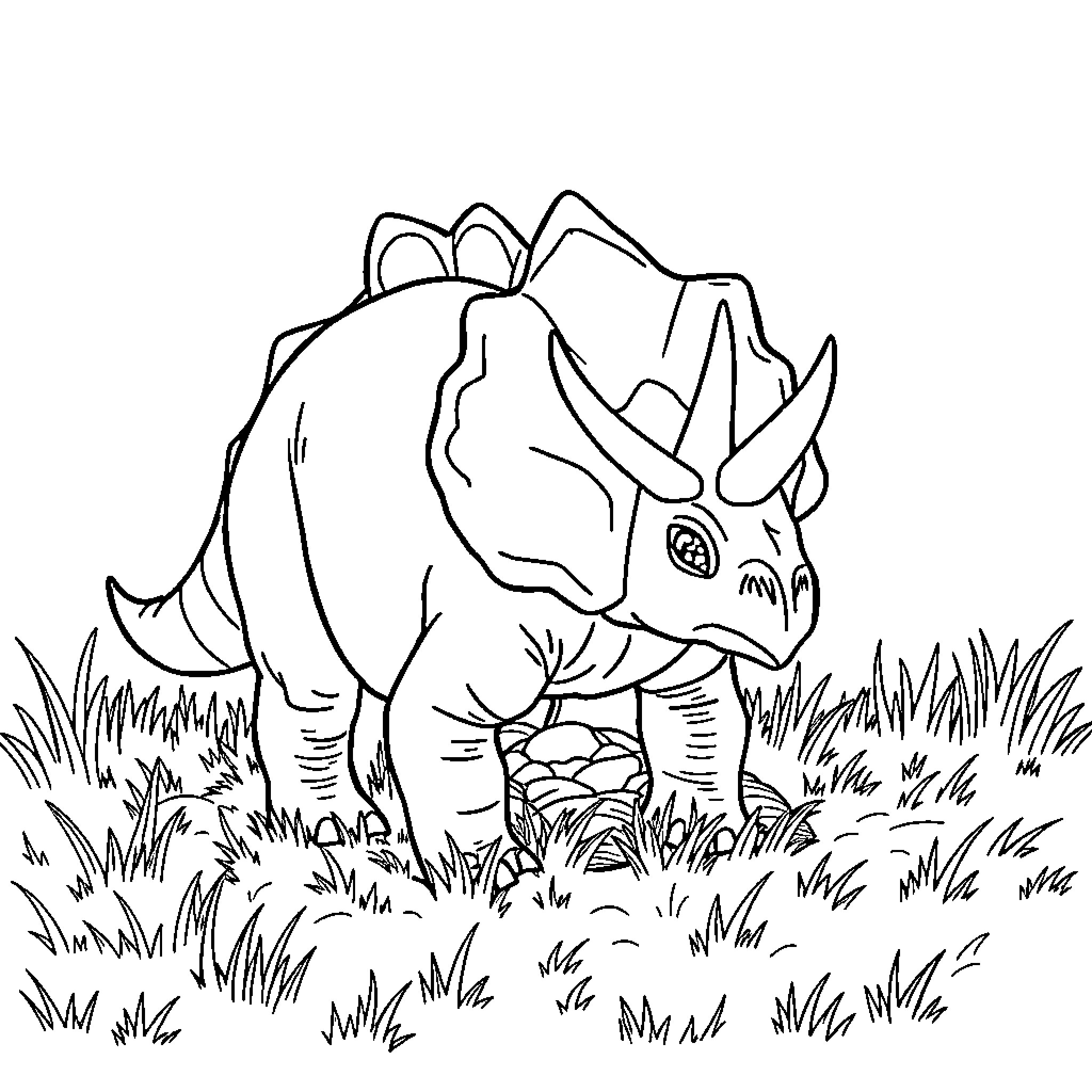 Triceratops exploring the grassy landscape Coloring Page (free black-and-white line drawing printable PDF for all, from beginners to advanced learners, including children, teens, adults, and seniors)