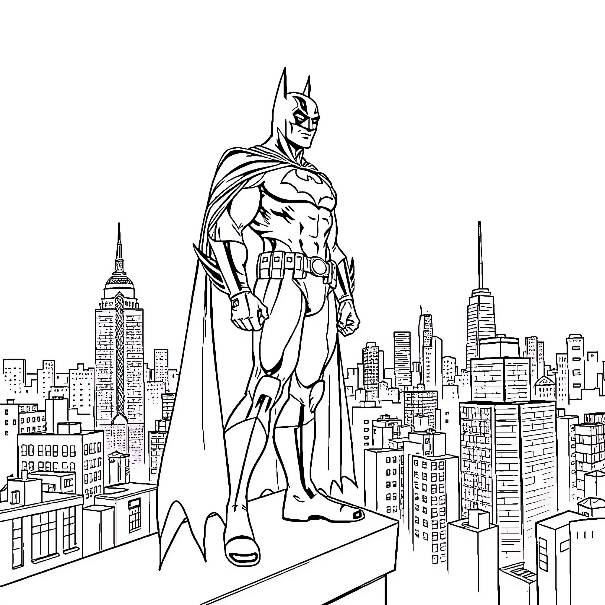 Batman standing tall above the city skyline Coloring Page (free black-and-white line drawing printable PDF for all, from beginners to advanced learners, including children, teens, adults, and seniors)