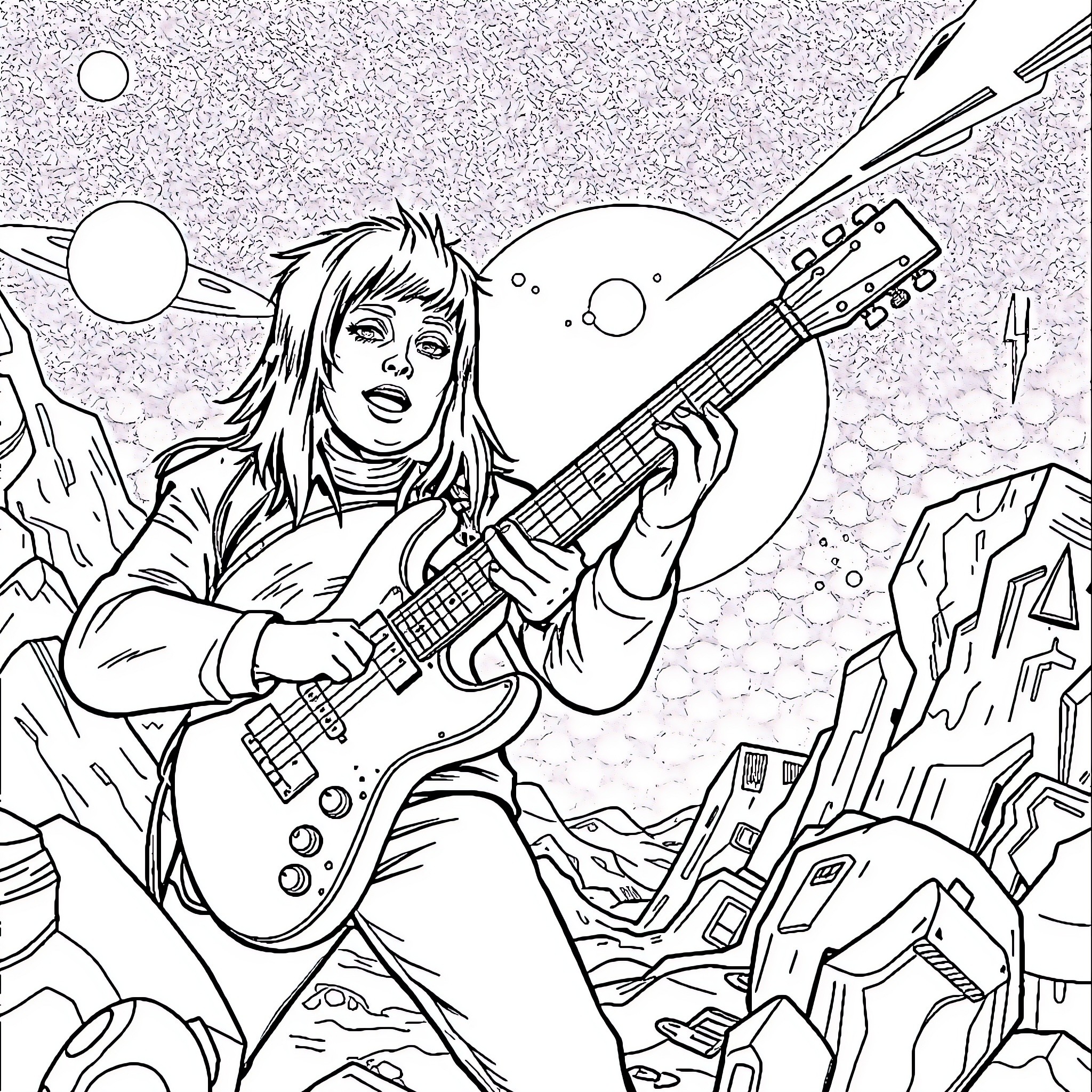 Outer Spacers Playing Cosmic Rock on Alien Landscapes Coloring Page (free black-and-white line drawing printable PDF for all, from beginners to advanced learners, including children, teens, adults, and seniors)