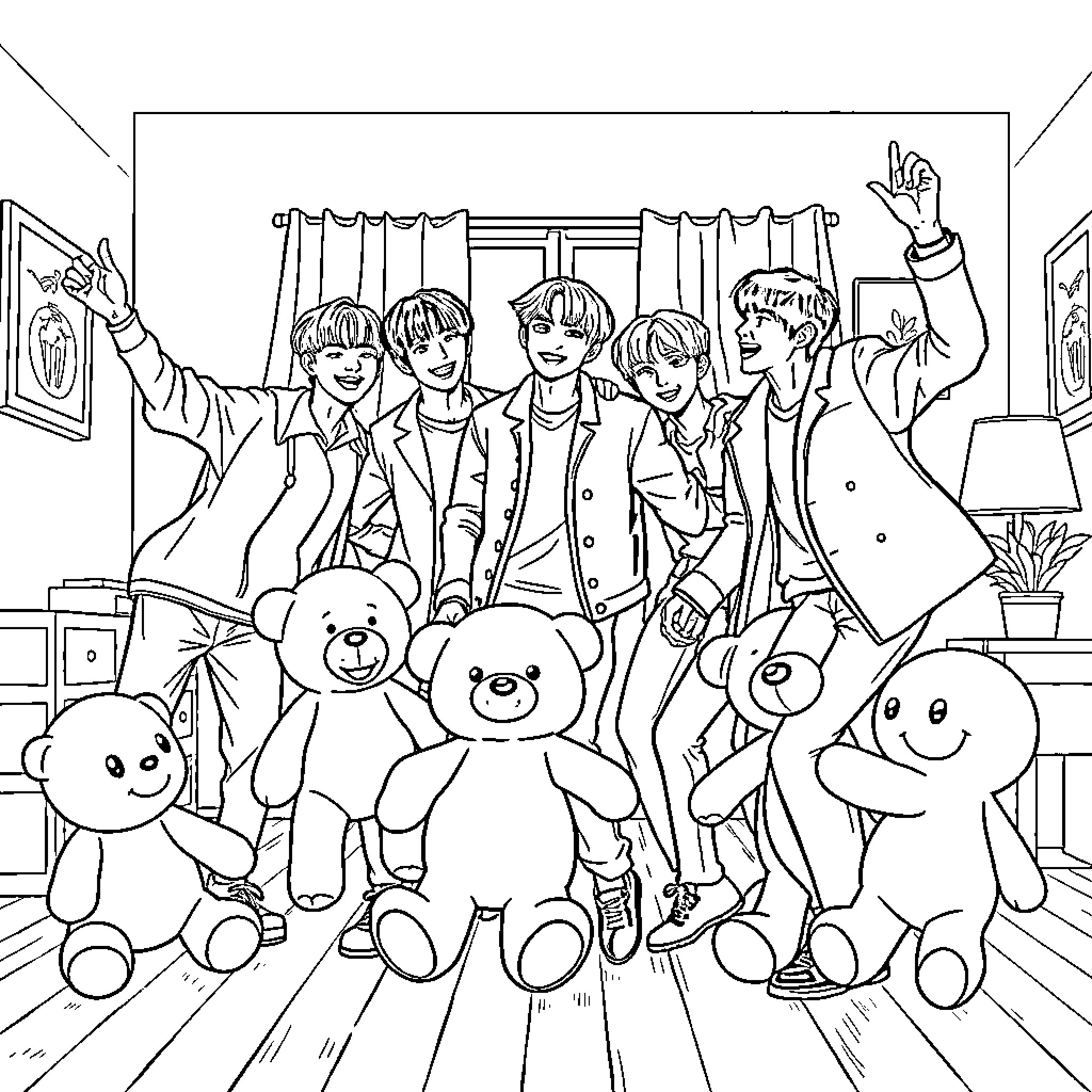 BTS Enjoying Playful Moments with Stuffed Toys Coloring Page (free black-and-white line drawing printable PDF for all, from beginners to advanced learners, including children, teens, adults, and seniors)