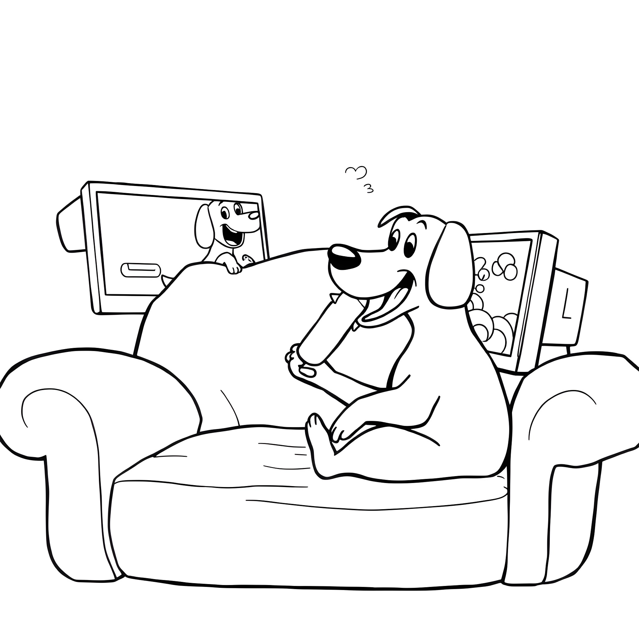 Sausage Dog relaxing on the couch Coloring Page (free black-and-white line drawing printable PDF for all, from beginners to advanced learners, including children, teens, adults, and seniors)