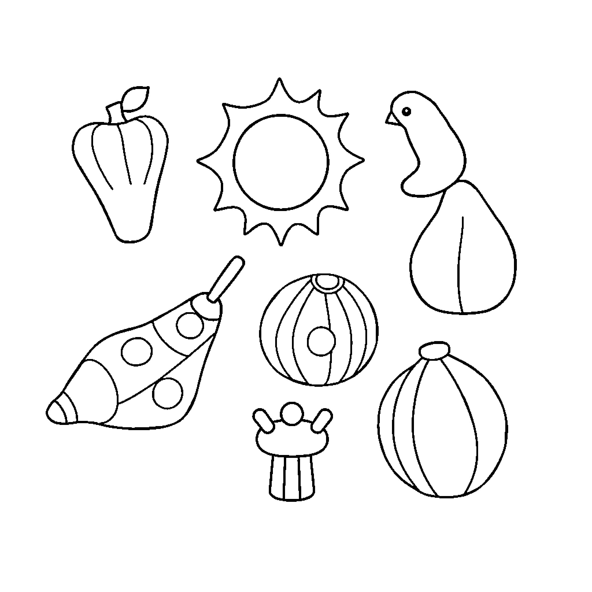 Object Assortment of Geometric Shapes and Symbols Coloring Page (free black-and-white line drawing printable PDF for all, from beginners to advanced learners, including children, teens, adults, and seniors)