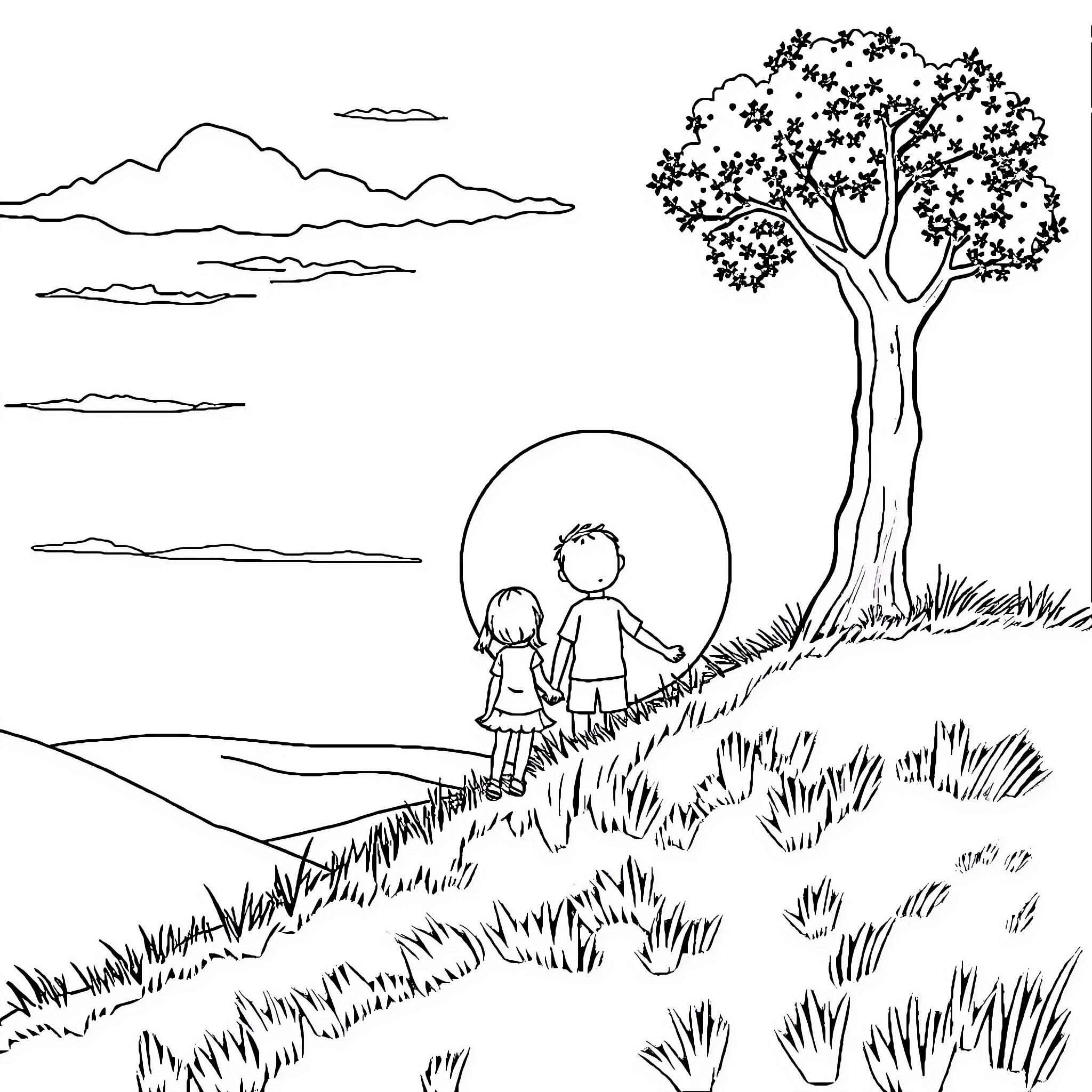 Girl and Boy Enjoying Nature's Beauty Coloring Page (free black-and-white line drawing printable PDF for all, from beginners to advanced learners, including children, teens, adults, and seniors)