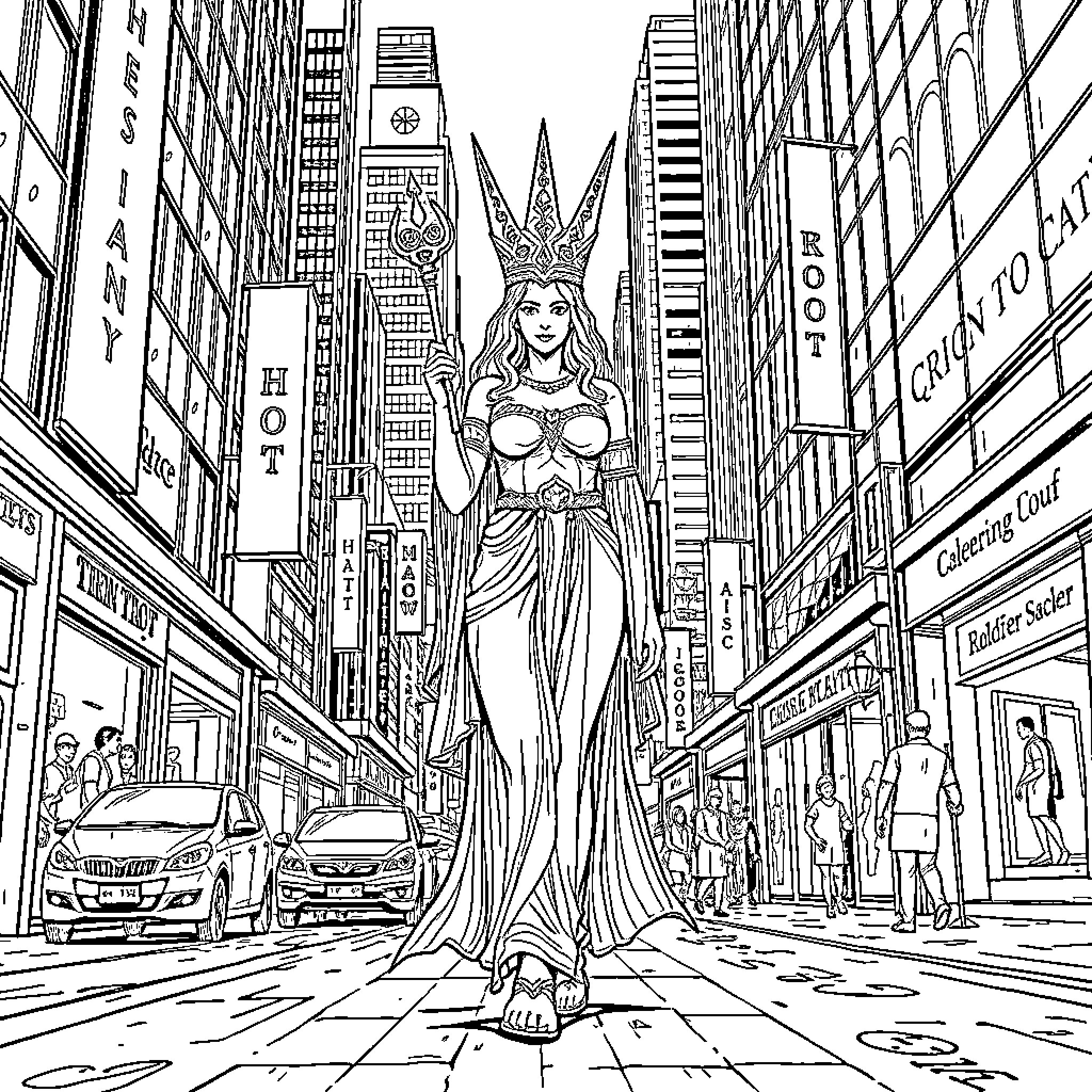 Hekate, Goddess of Crossroads, in Radiant Splendor Coloring Page (free black-and-white line drawing printable PDF for all, from beginners to advanced learners, including children, teens, adults, and seniors)