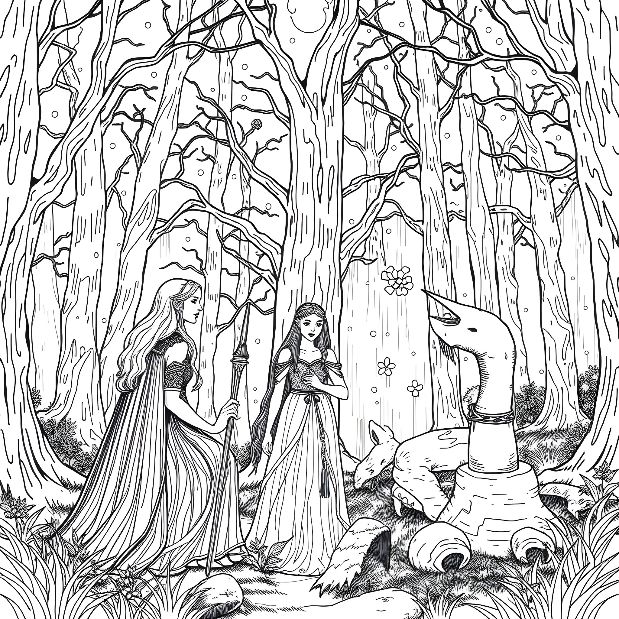 Aelin's Enchanted Forest Adventure Coloring Page (free black-and-white line drawing printable PDF for all, from beginners to advanced learners, including children, teens, adults, and seniors)