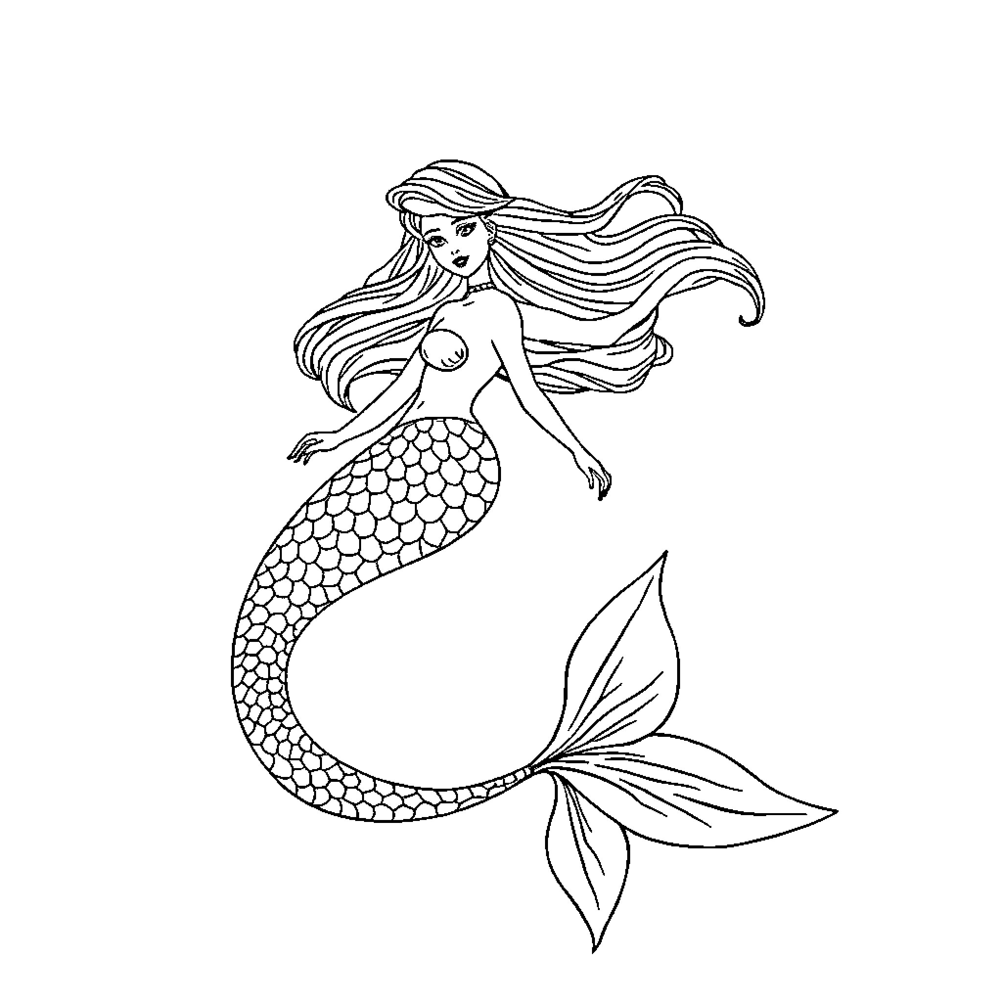 Mermaid swimming gracefully in the ocean Coloring Page (free black-and-white line drawing printable PDF for all, from beginners to advanced learners, including children, teens, adults, and seniors)