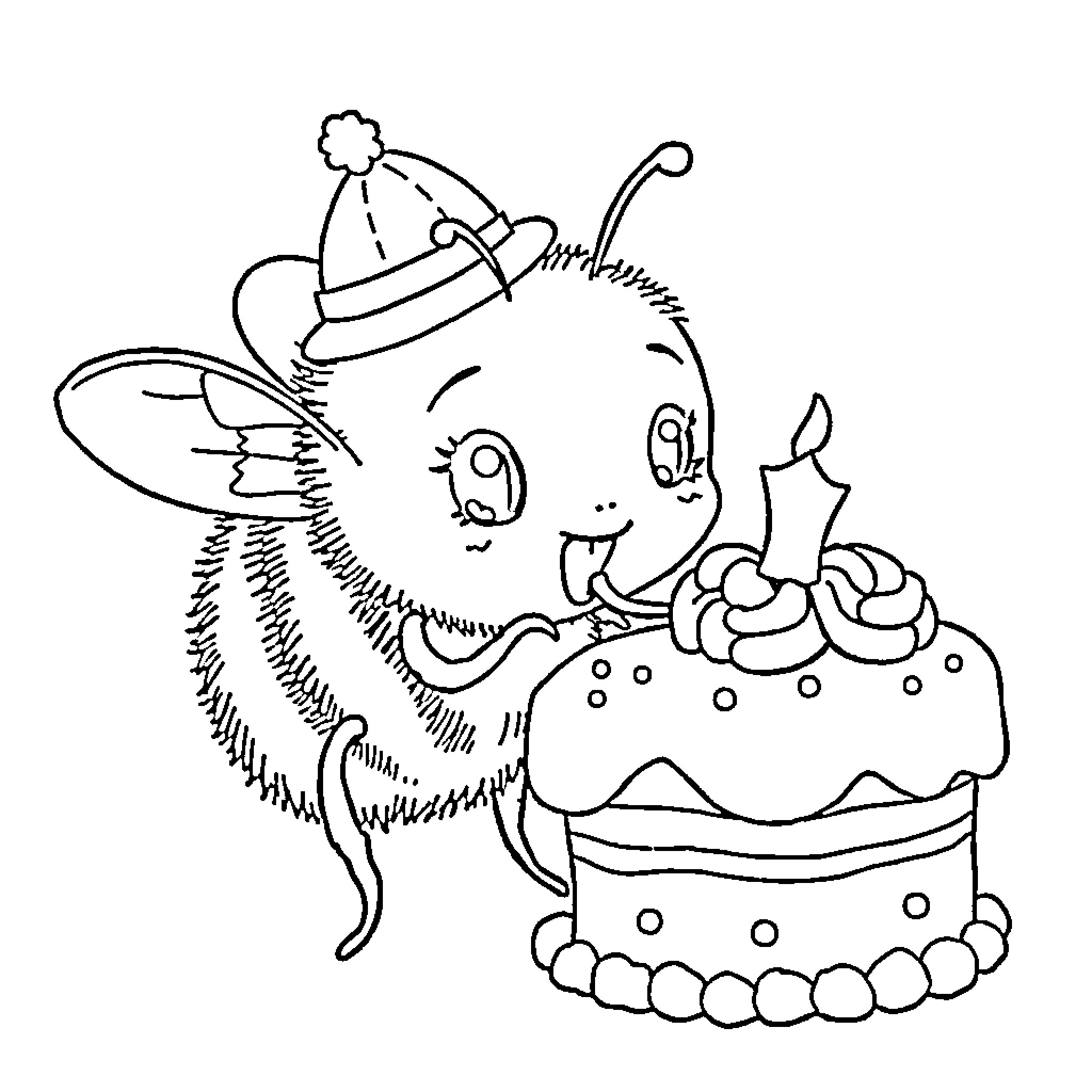 Bumblebee celebrating birthday with cake Coloring Page (free black-and-white line drawing printable PDF for all, from beginners to advanced learners, including children, teens, adults, and seniors)