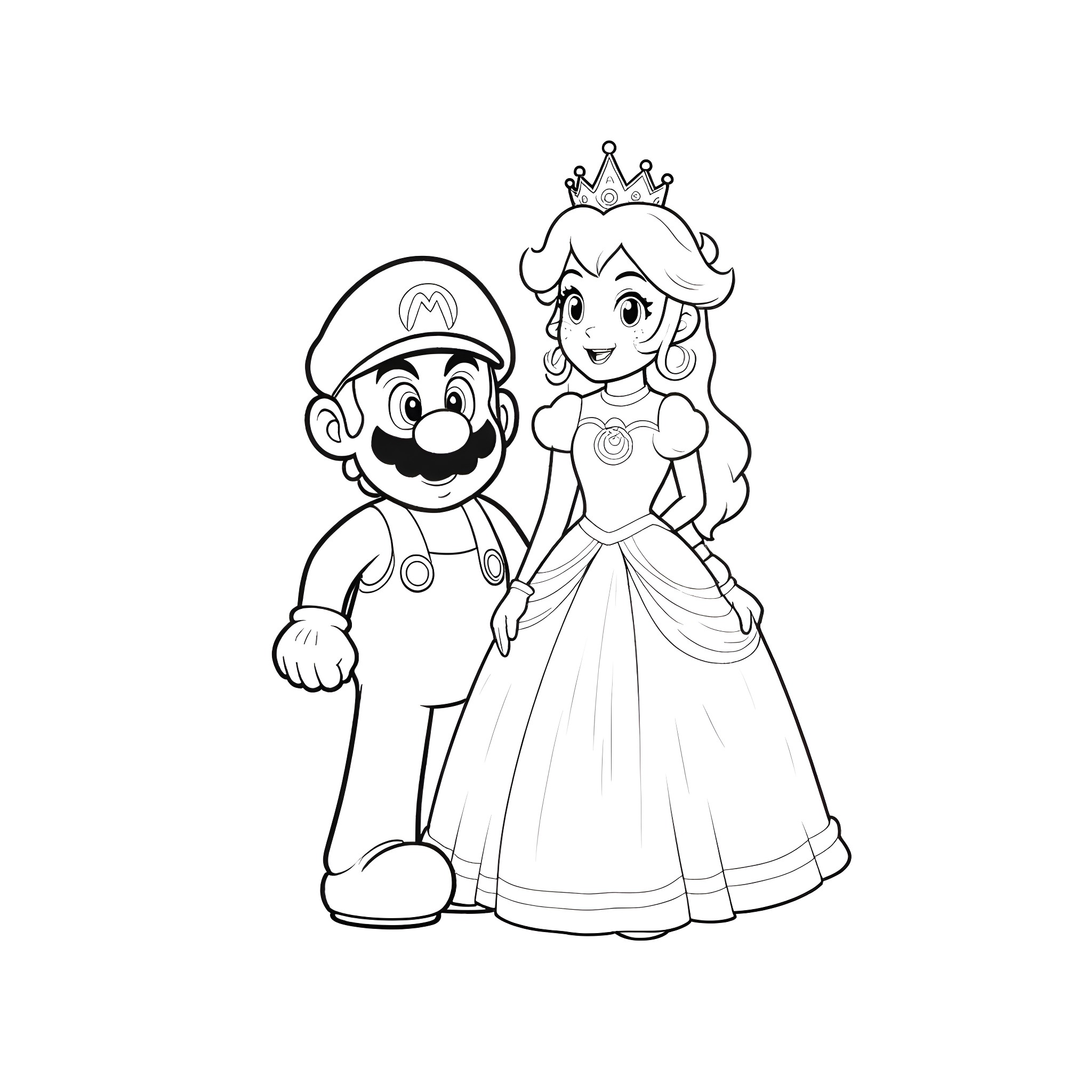 Princess and the Plumber in Royal Attire Coloring Page (free black-and-white line drawing printable PDF for all, from beginners to advanced learners, including children, teens, adults, and seniors)