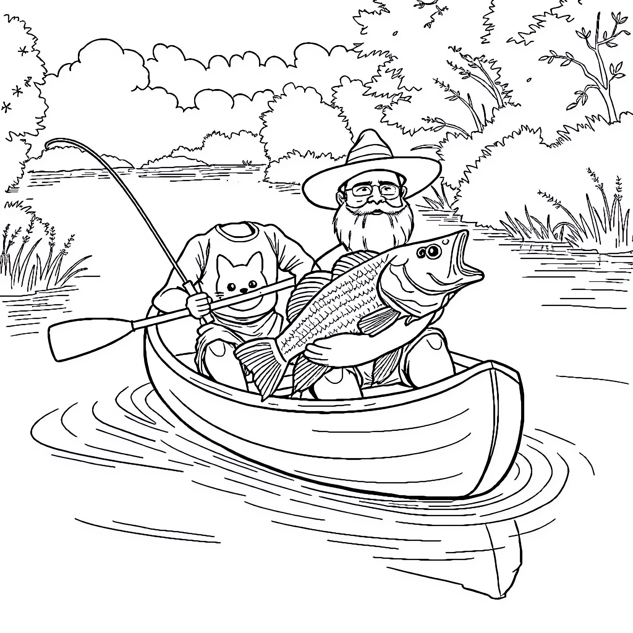 Canoe ride with fishing and pets Coloring Page (free black-and-white line drawing printable PDF for all, from beginners to advanced learners, including children, teens, adults, and seniors)