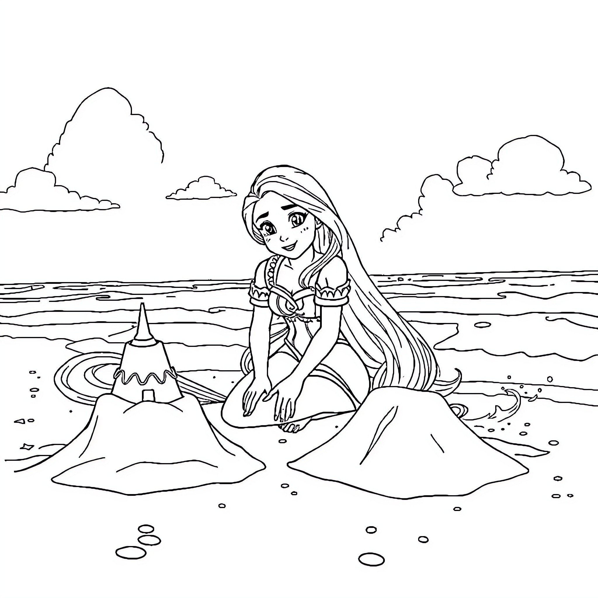 Princess enjoying a day at the beach Coloring Page (free black-and-white line drawing printable PDF for all, from beginners to advanced learners, including children, teens, adults, and seniors)