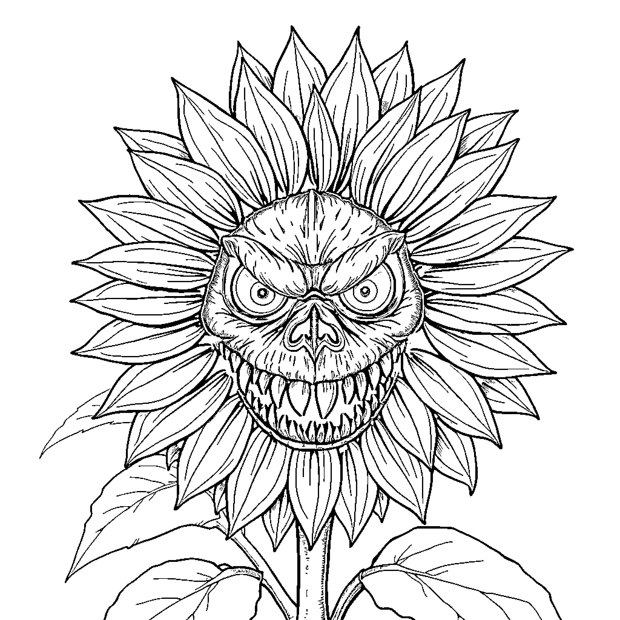 Sunflower with a monstrous face Coloring Page (free black-and-white line drawing printable PDF for all, from beginners to advanced learners, including children, teens, adults, and seniors)