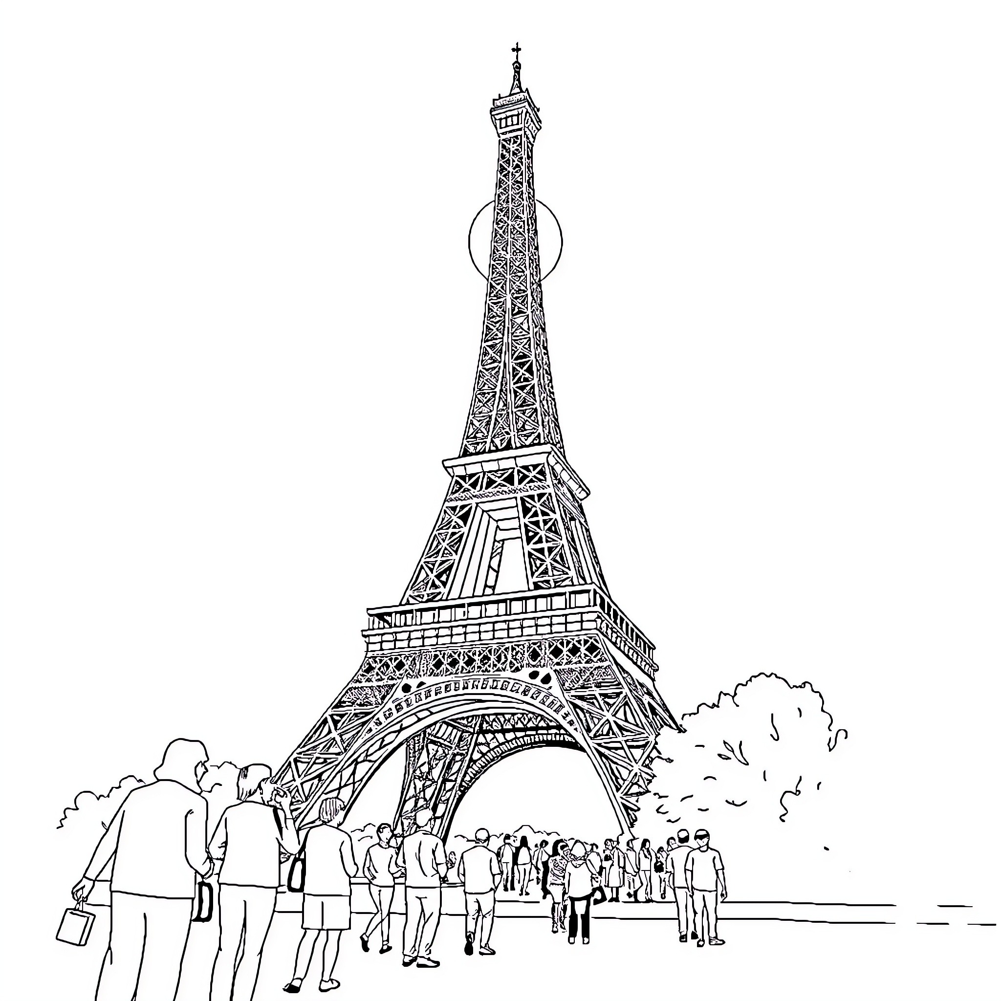 Eiffel Tower surrounded by tourists and sightseers Coloring Page (free black-and-white line drawing printable PDF for all, from beginners to advanced learners, including children, teens, adults, and seniors)