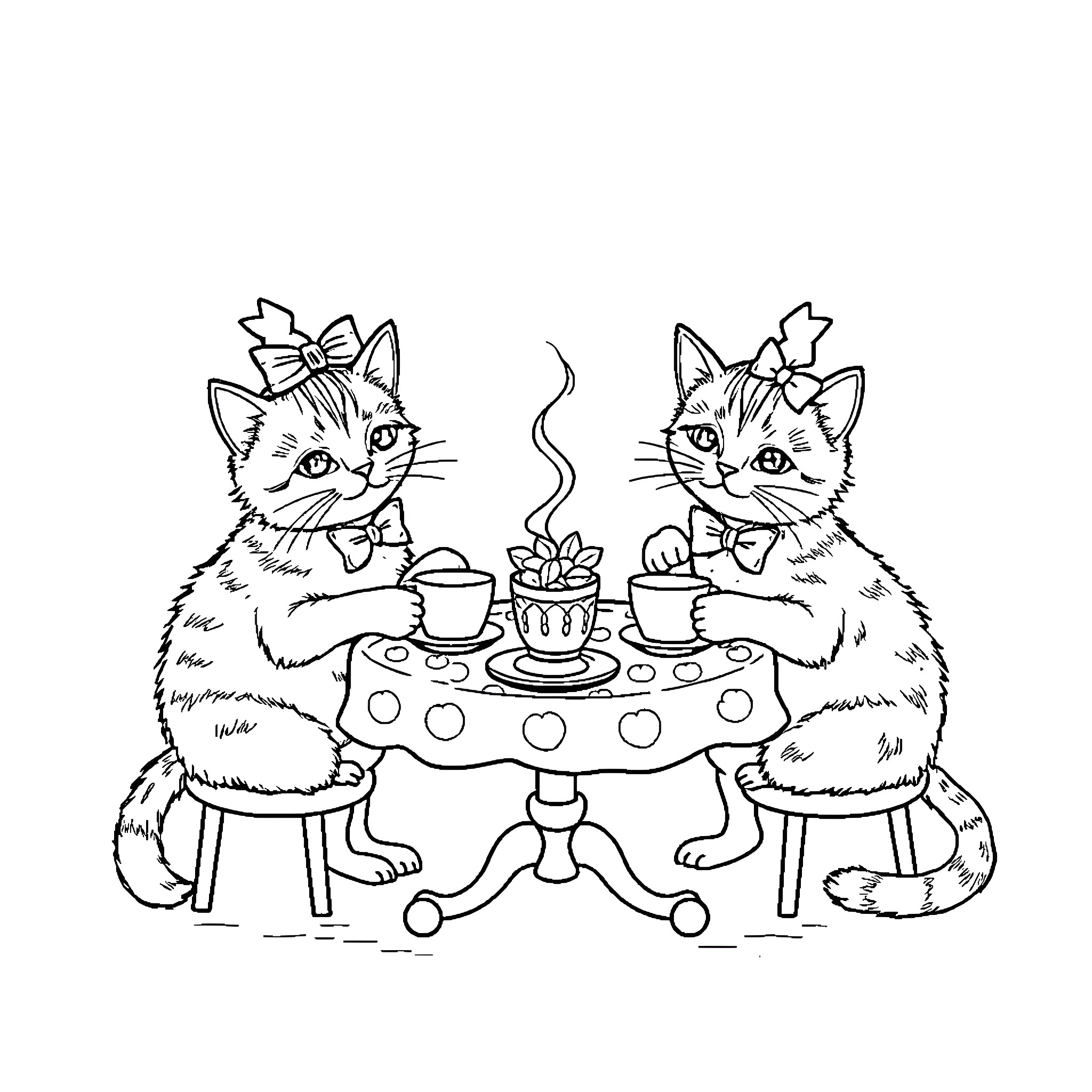 Cats enjoying tea time together Coloring Page (free black-and-white line drawing printable PDF for all, from beginners to advanced learners, including children, teens, adults, and seniors)
