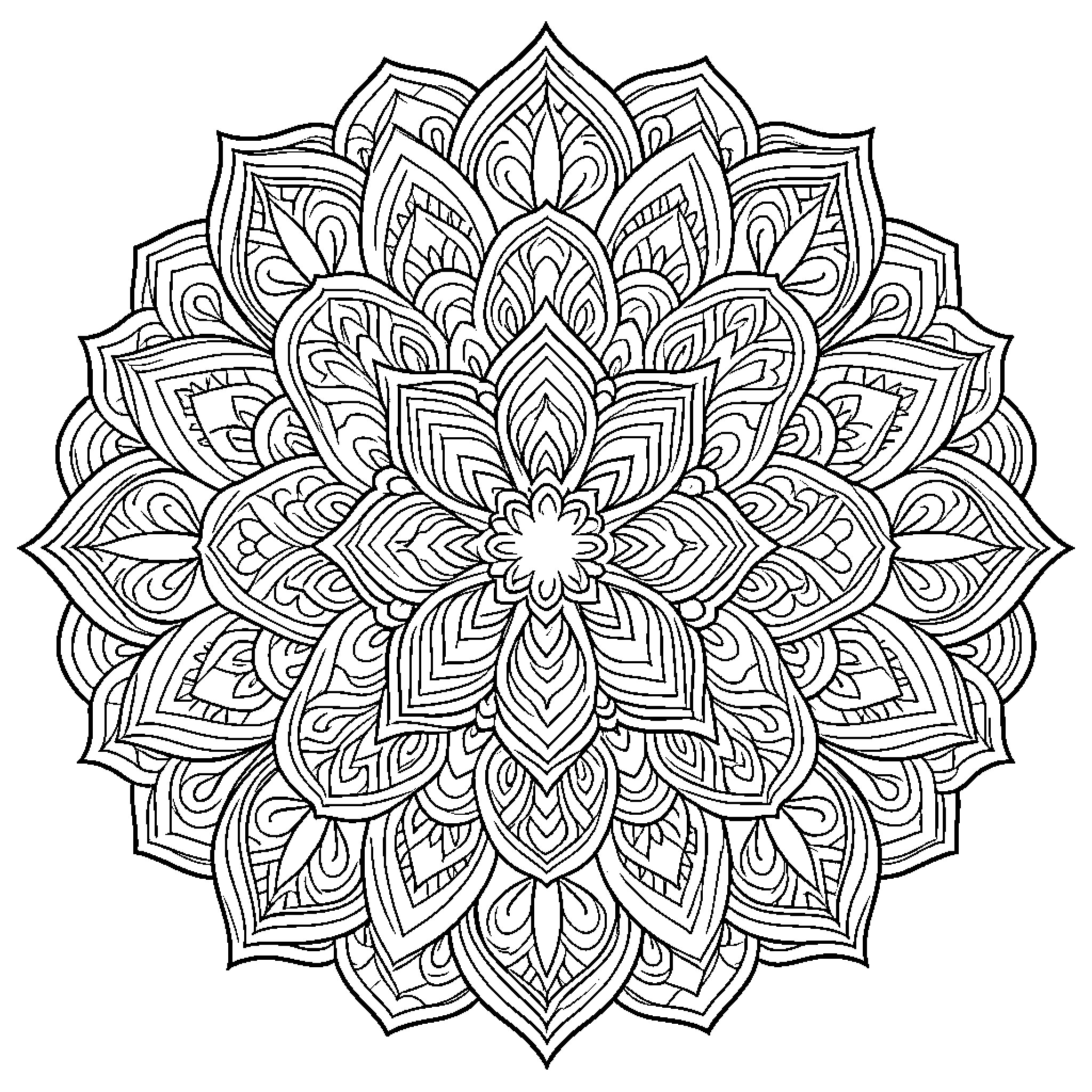 Mandala of Intricate Floral Patterns Coloring Page (free black-and-white line drawing printable PDF for all, from beginners to advanced learners, including children, teens, adults, and seniors)