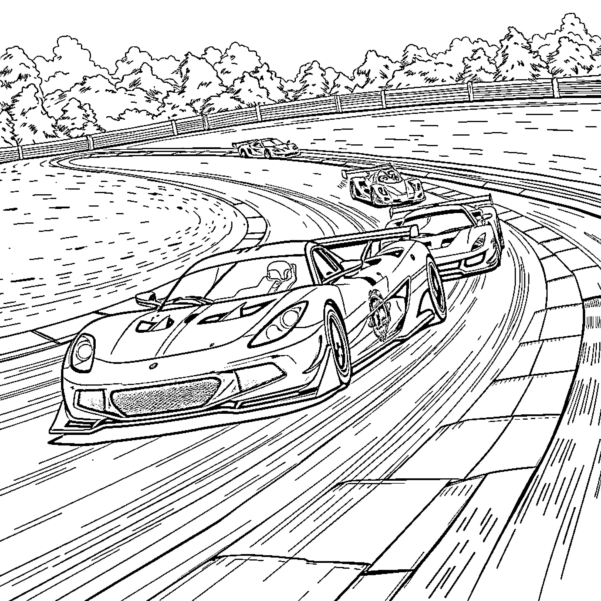 Car race on winding mountain road Coloring Page (free black-and-white line drawing printable PDF for all, from beginners to advanced learners, including children, teens, adults, and seniors)