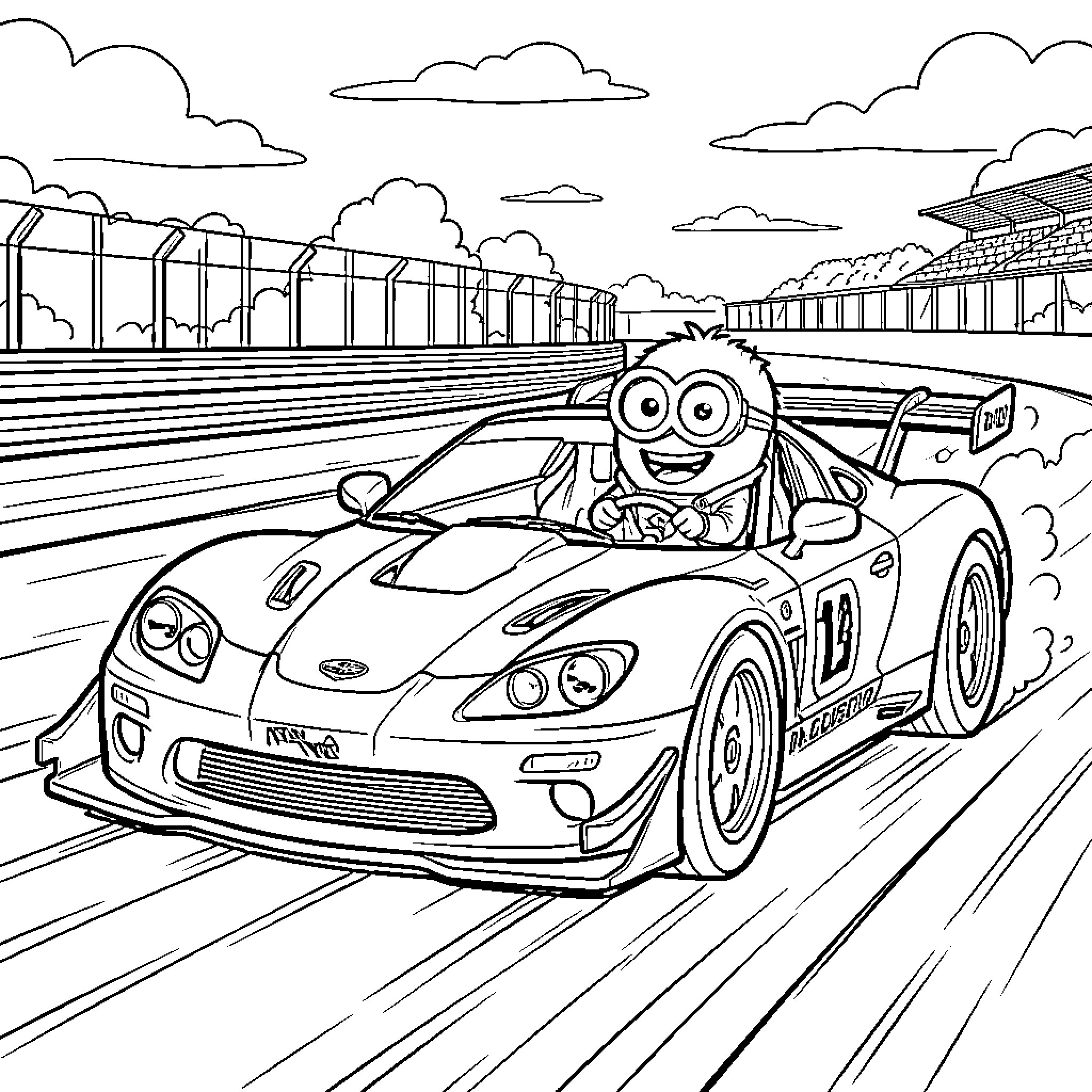 Minion driving a fast racing car on a track Coloring Page (free black-and-white line drawing printable PDF for all, from beginners to advanced learners, including children, teens, adults, and seniors)