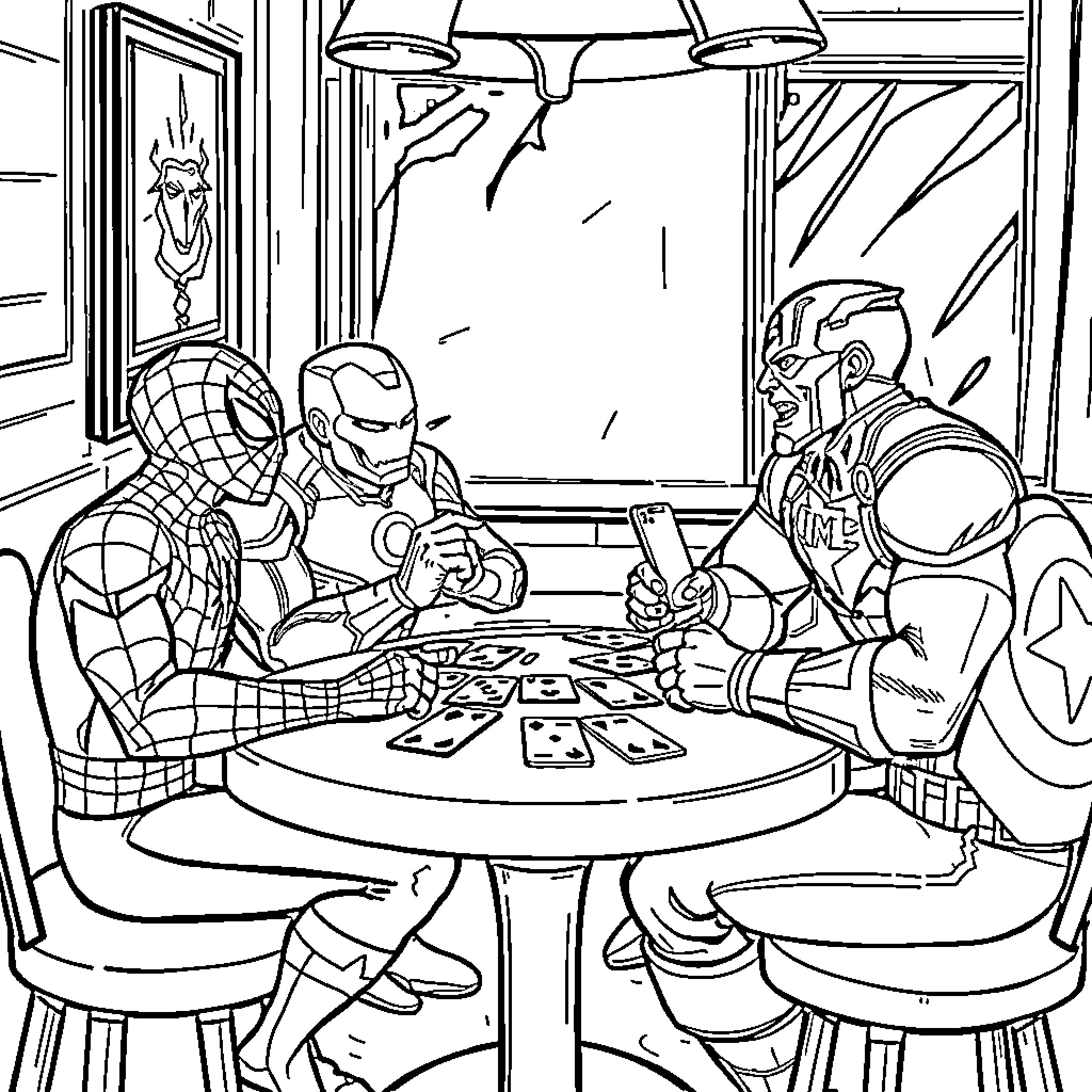 Superhero Team Strategizing Over Blueprints Coloring Page (free black-and-white line drawing printable PDF for all, from beginners to advanced learners, including children, teens, adults, and seniors)