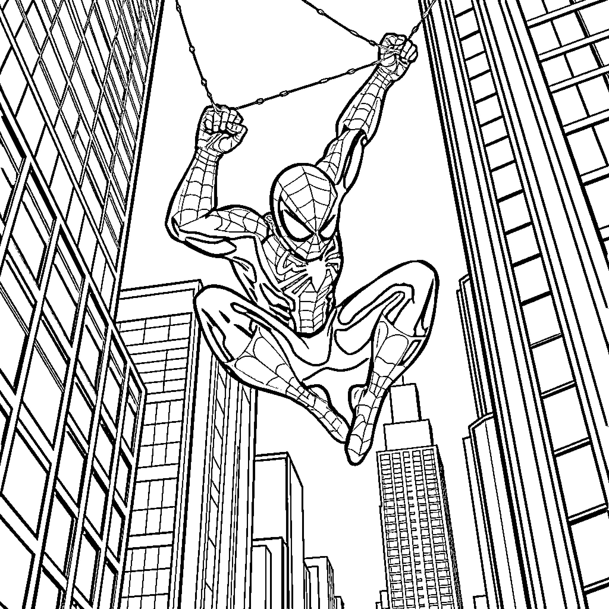 Spiderman swinging through the city skyline Coloring Page (free black-and-white line drawing printable PDF for all, from beginners to advanced learners, including children, teens, adults, and seniors)