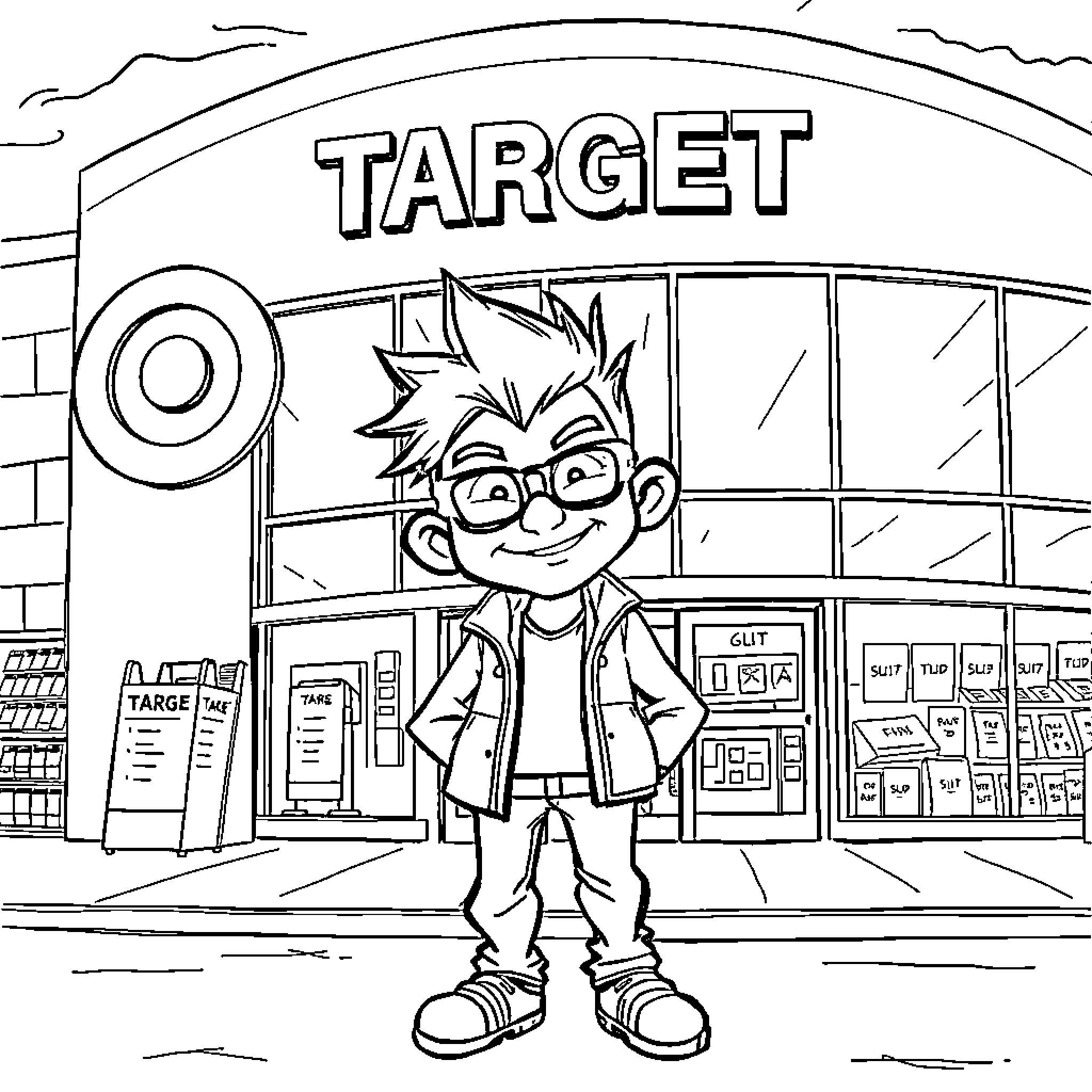 Ben's Target Store Adventure Coloring Page (free black-and-white line drawing printable PDF for all, from beginners to advanced learners, including children, teens, adults, and seniors)