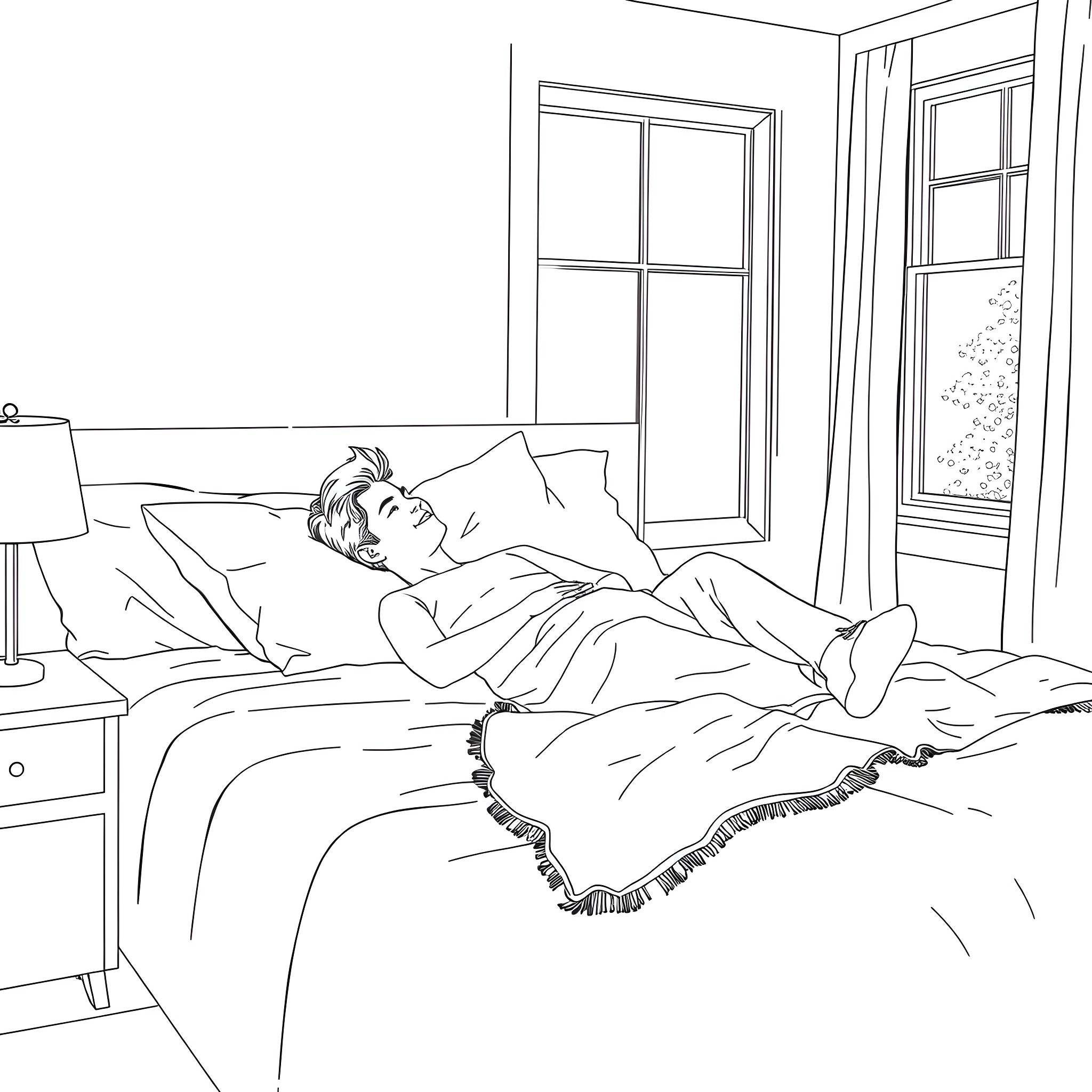 Alex Voss relaxing peacefully in his bedroom Coloring Page (free black-and-white line drawing printable PDF for all, from beginners to advanced learners, including children, teens, adults, and seniors)
