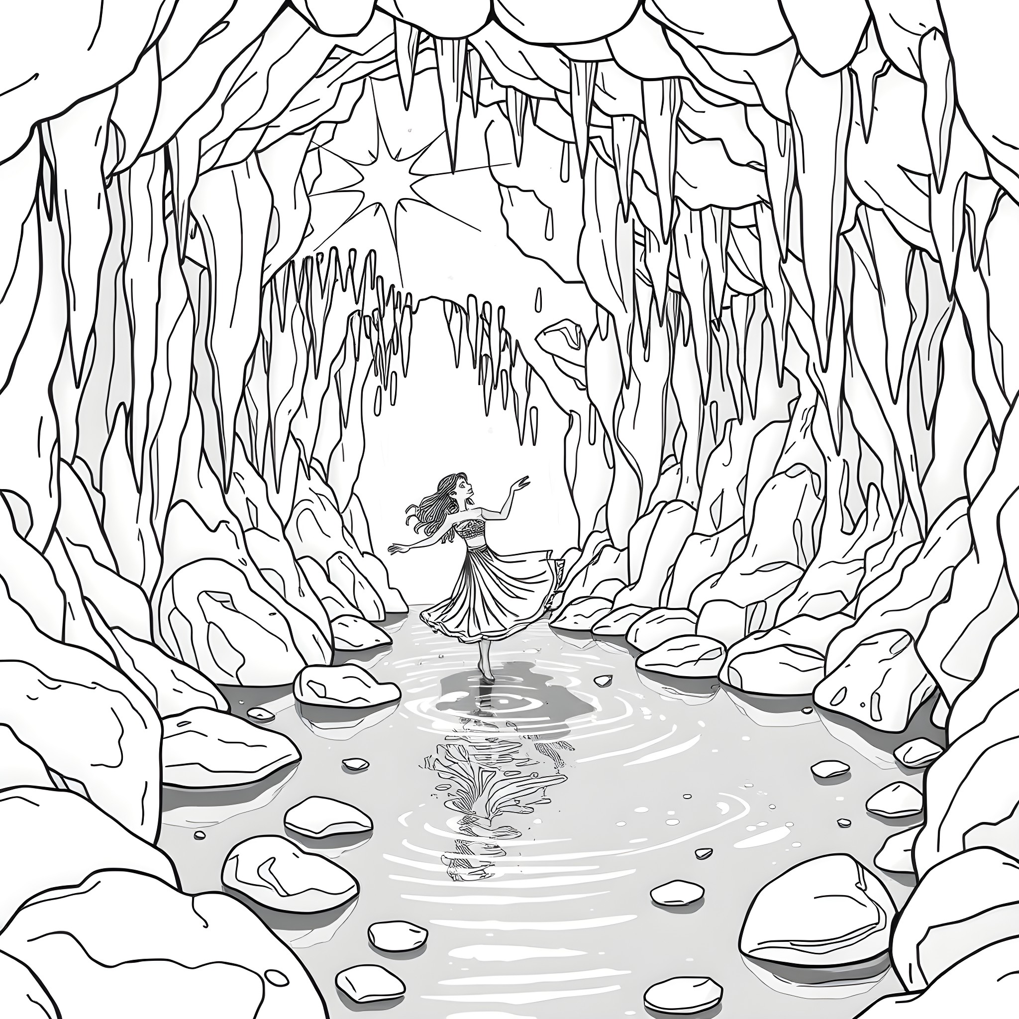 Grotto with dancing woman in a mystical setting Coloring Page (free black-and-white line drawing printable PDF for all, from beginners to advanced learners, including children, teens, adults, and seniors)
