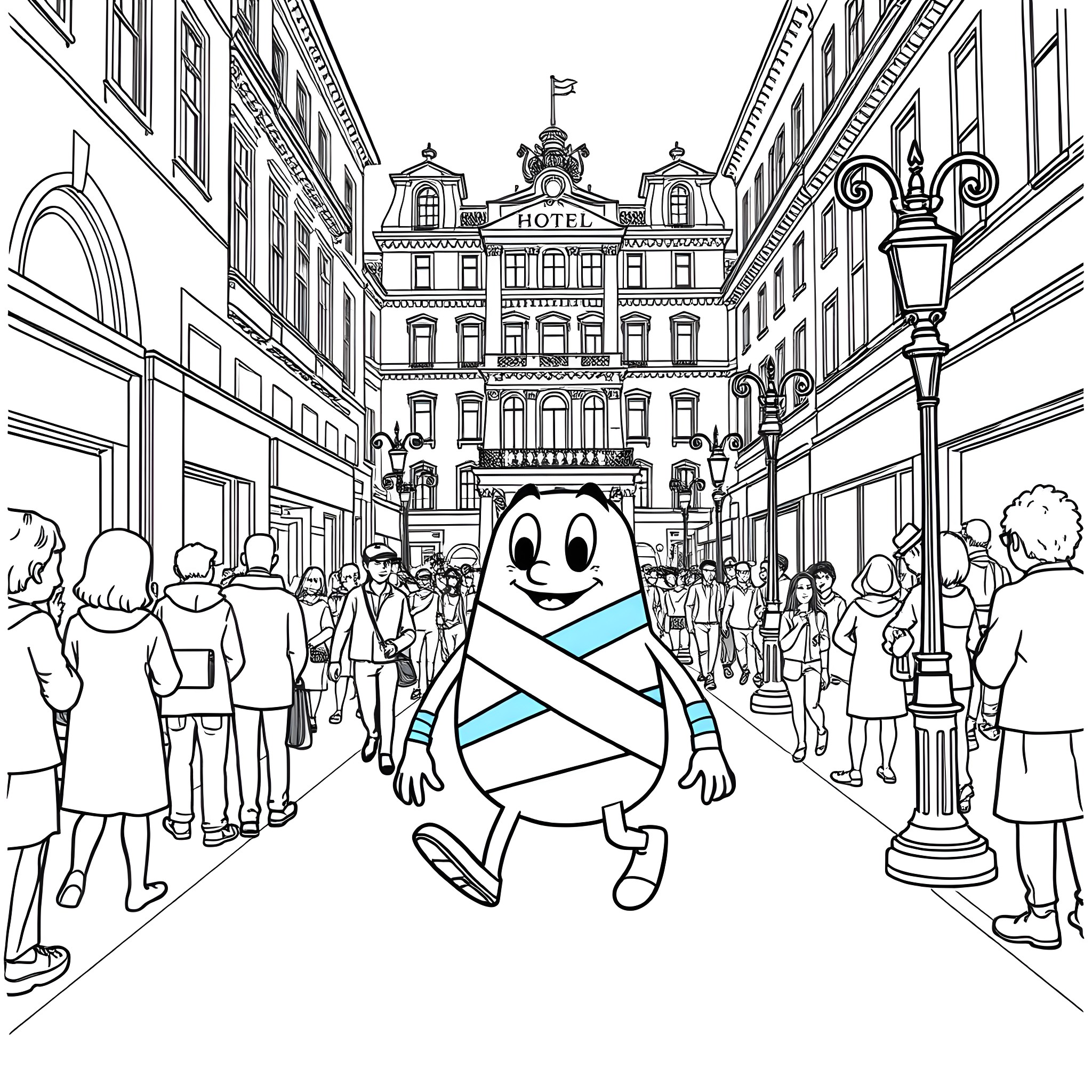 Mr. Bump exploring a busy city street Coloring Page (free black-and-white line drawing printable PDF for all, from beginners to advanced learners, including children, teens, adults, and seniors)
