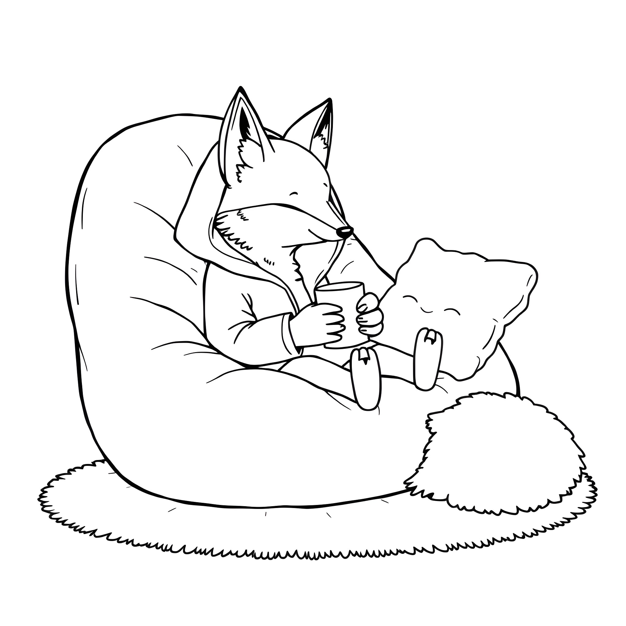 Fox resting cozily on the grass Coloring Page (free black-and-white line drawing printable PDF for all, from beginners to advanced learners, including children, teens, adults, and seniors)