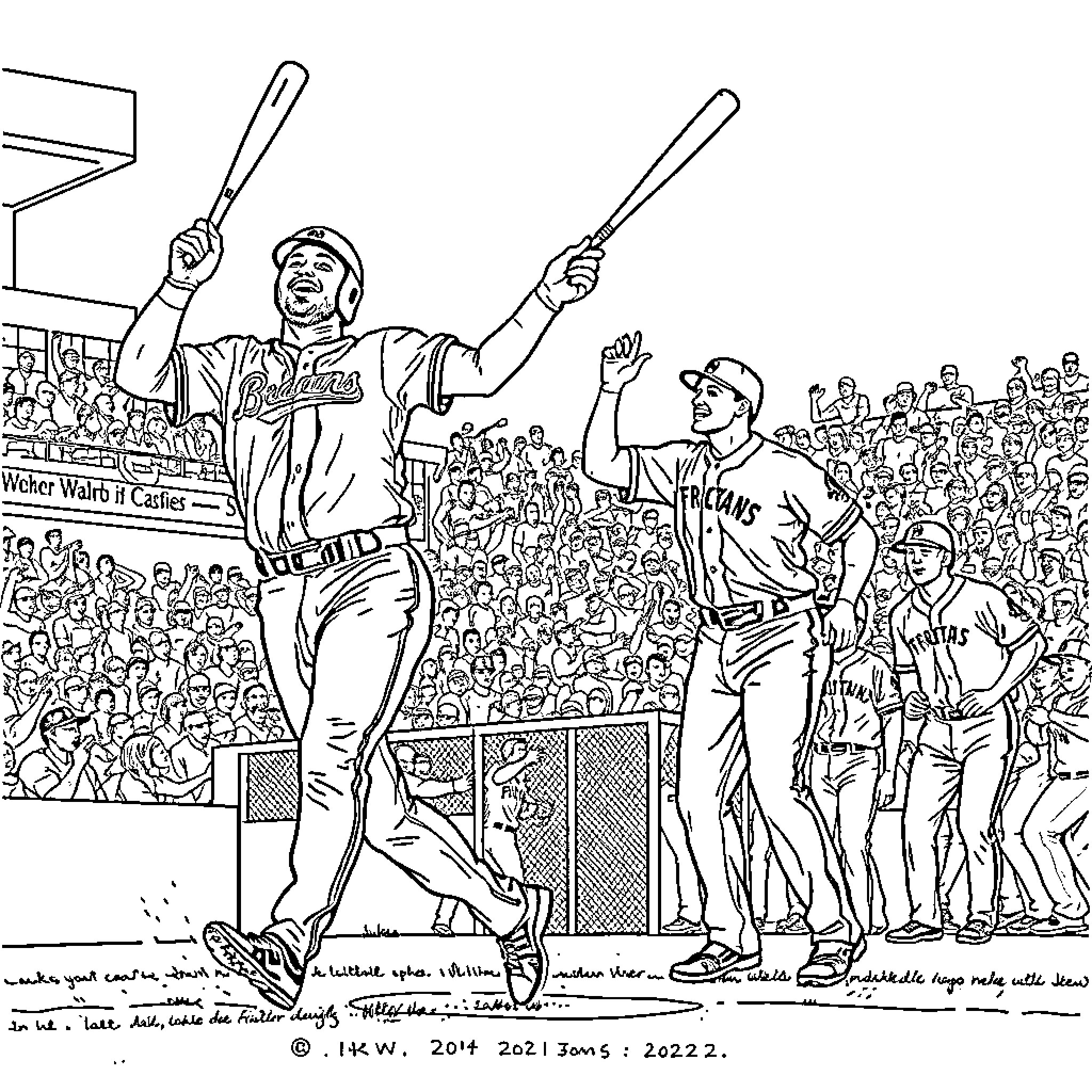 Freddie Freeman celebrating baseball victory with teammate Coloring Page (free black-and-white line drawing printable PDF for all, from beginners to advanced learners, including children, teens, adults, and seniors)