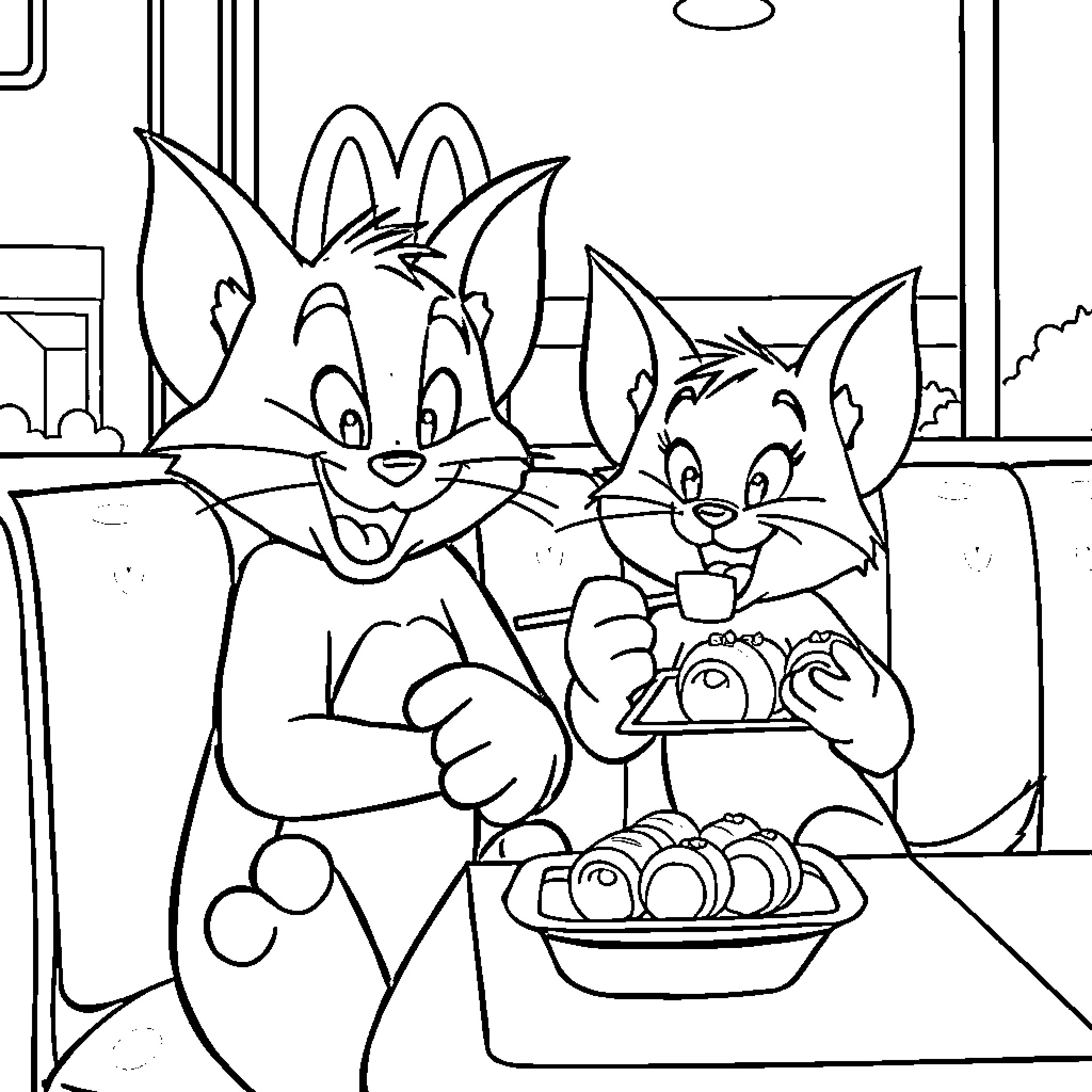 Tom and Jerry Enjoying a Snack Coloring Page (free black-and-white line drawing printable PDF for all, from beginners to advanced learners, including children, teens, adults, and seniors)