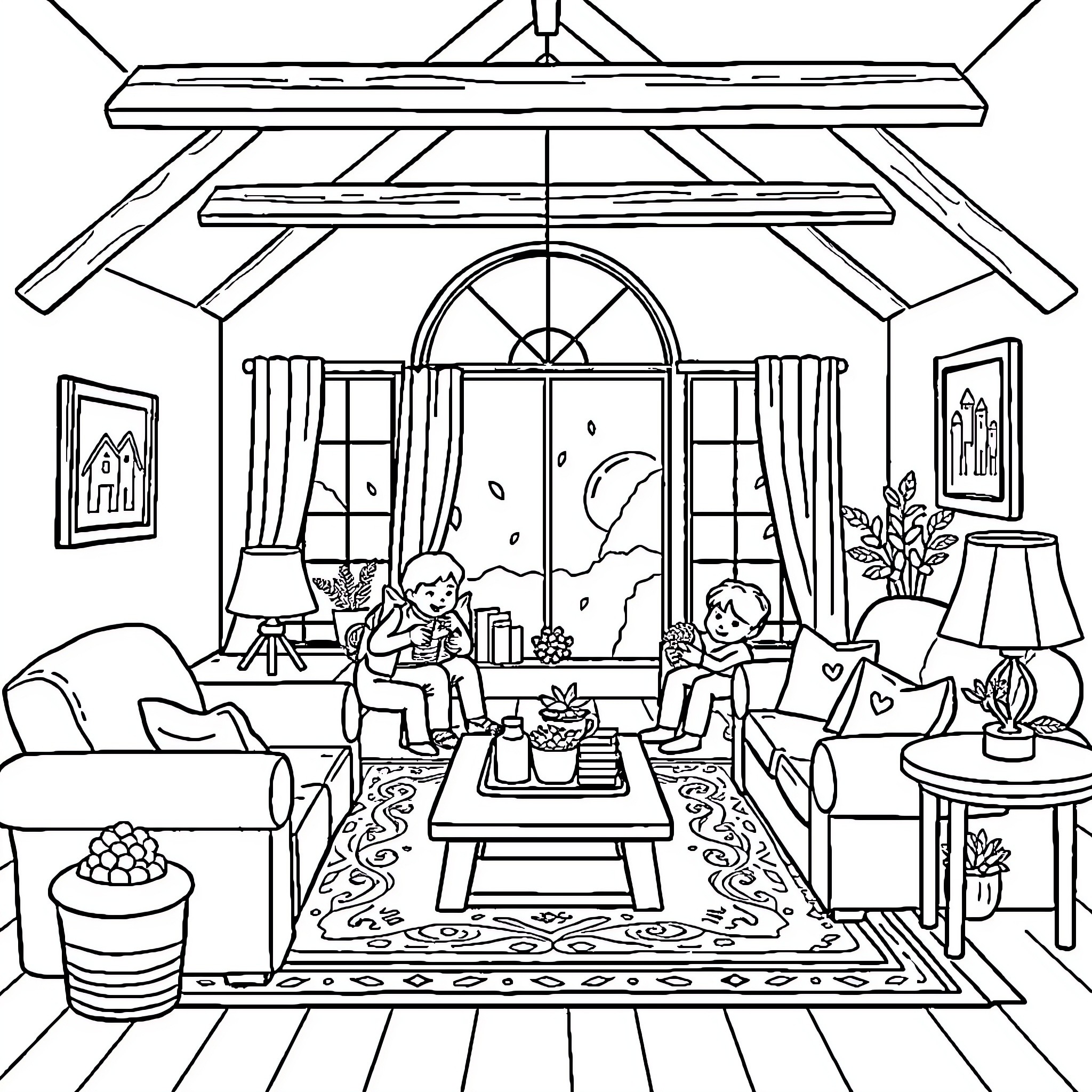 Home interior with cozy family gathering Coloring Page (free black-and-white line drawing printable PDF for all, from beginners to advanced learners, including children, teens, adults, and seniors)