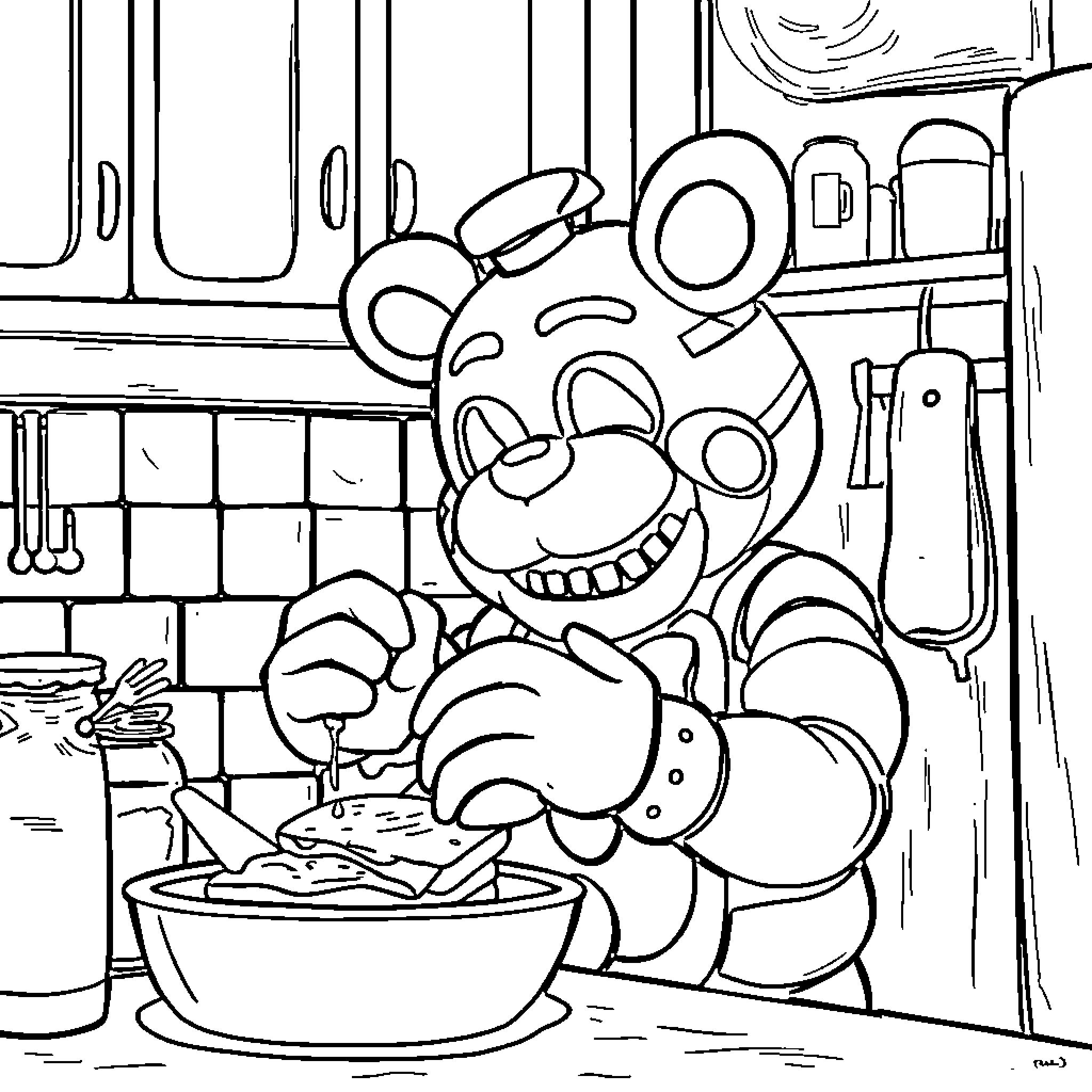 Springtrap preparing a meal in the kitchen Coloring Page (free black-and-white line drawing printable PDF for all, from beginners to advanced learners, including children, teens, adults, and seniors)