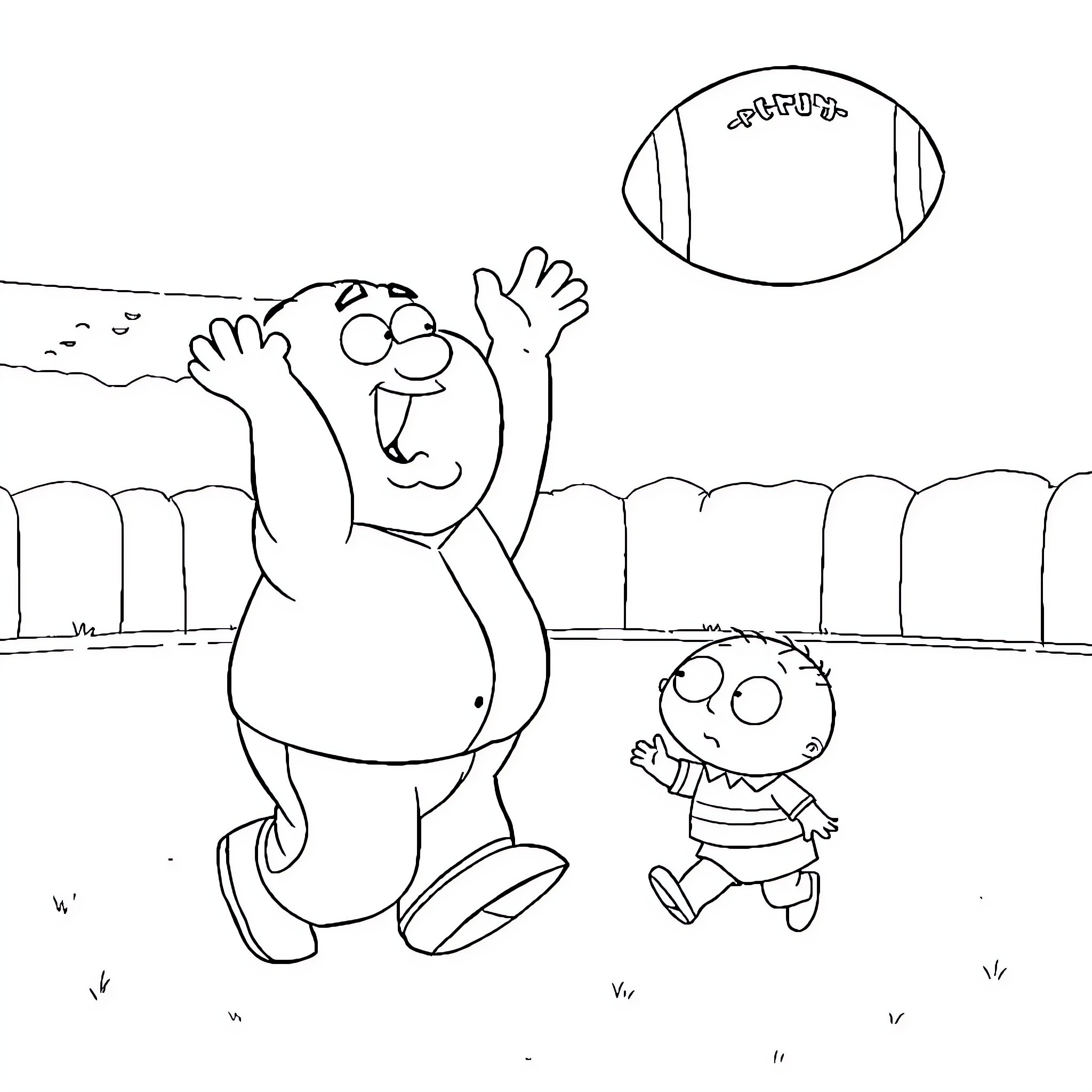 Peter Griffin playing football with his son Coloring Page (free black-and-white line drawing printable PDF for all, from beginners to advanced learners, including children, teens, adults, and seniors)