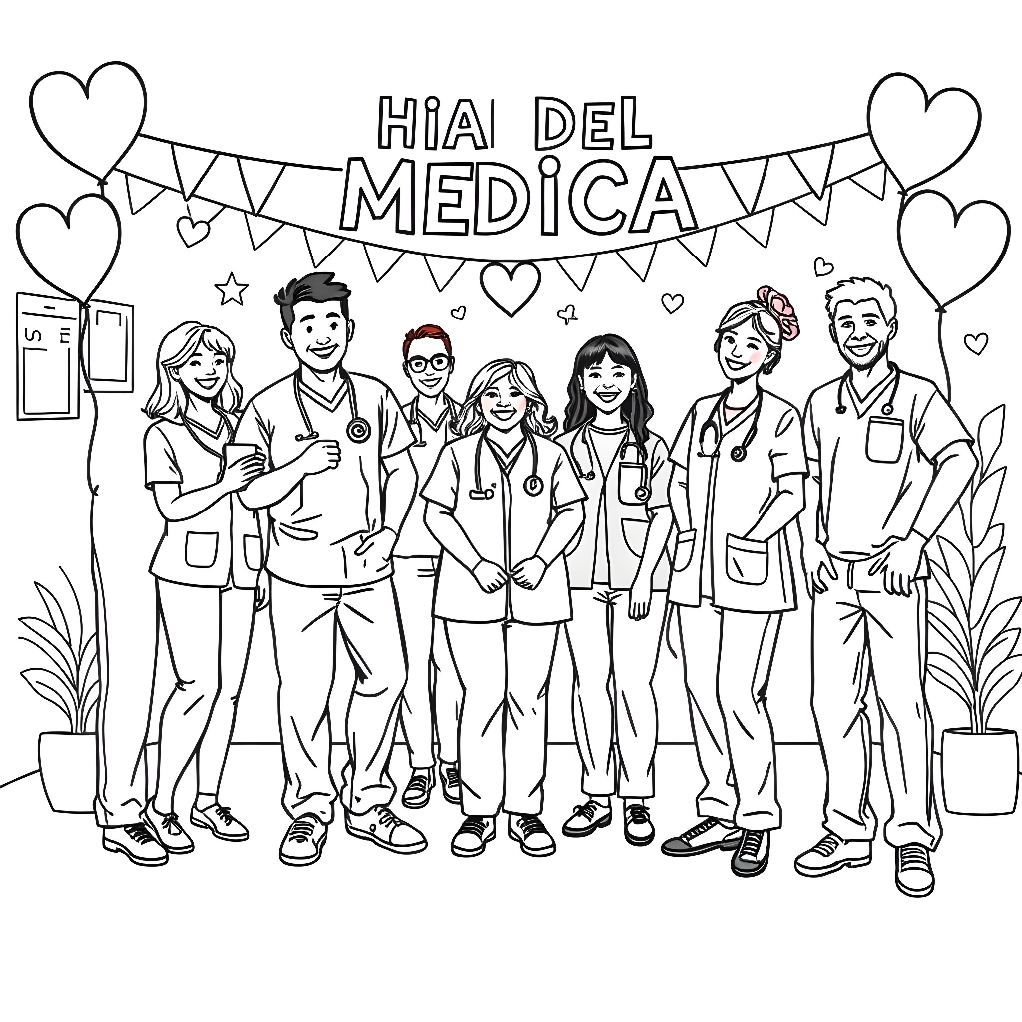 Doctor's Day: Celebrating Medical Professionals Coloring Page (free black-and-white line drawing printable PDF for all, from beginners to advanced learners, including children, teens, adults, and seniors)
