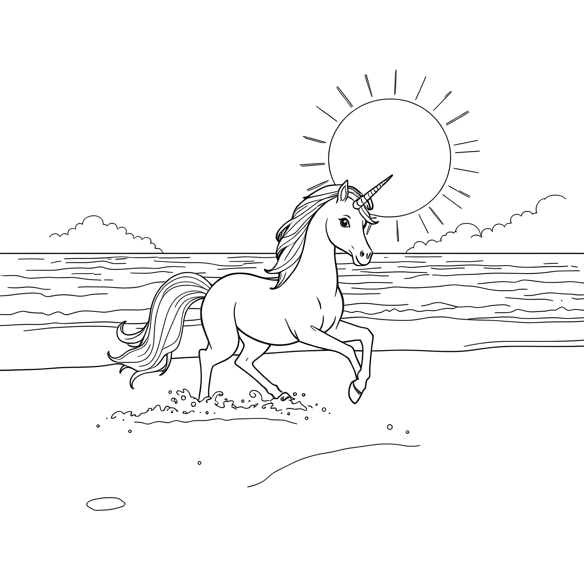 Unicorn galloping through a sunny landscape Coloring Page (free black-and-white line drawing printable PDF for all, from beginners to advanced learners, including children, teens, adults, and seniors)